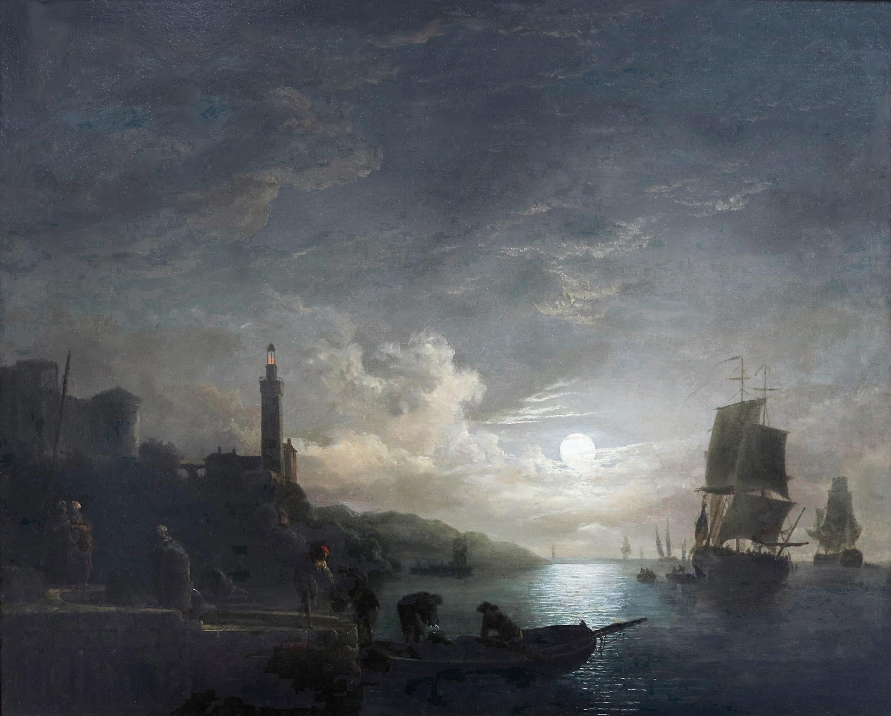 ‘Galleons by Moonlight’ by Sebastian Pether (1793-1844).

The painting - which depicts sailors unloading cargo from a large 18th century square rigger beneath a full moon – is presented in a fine swept and pierced giltwood frame.  

Sebastian Pether