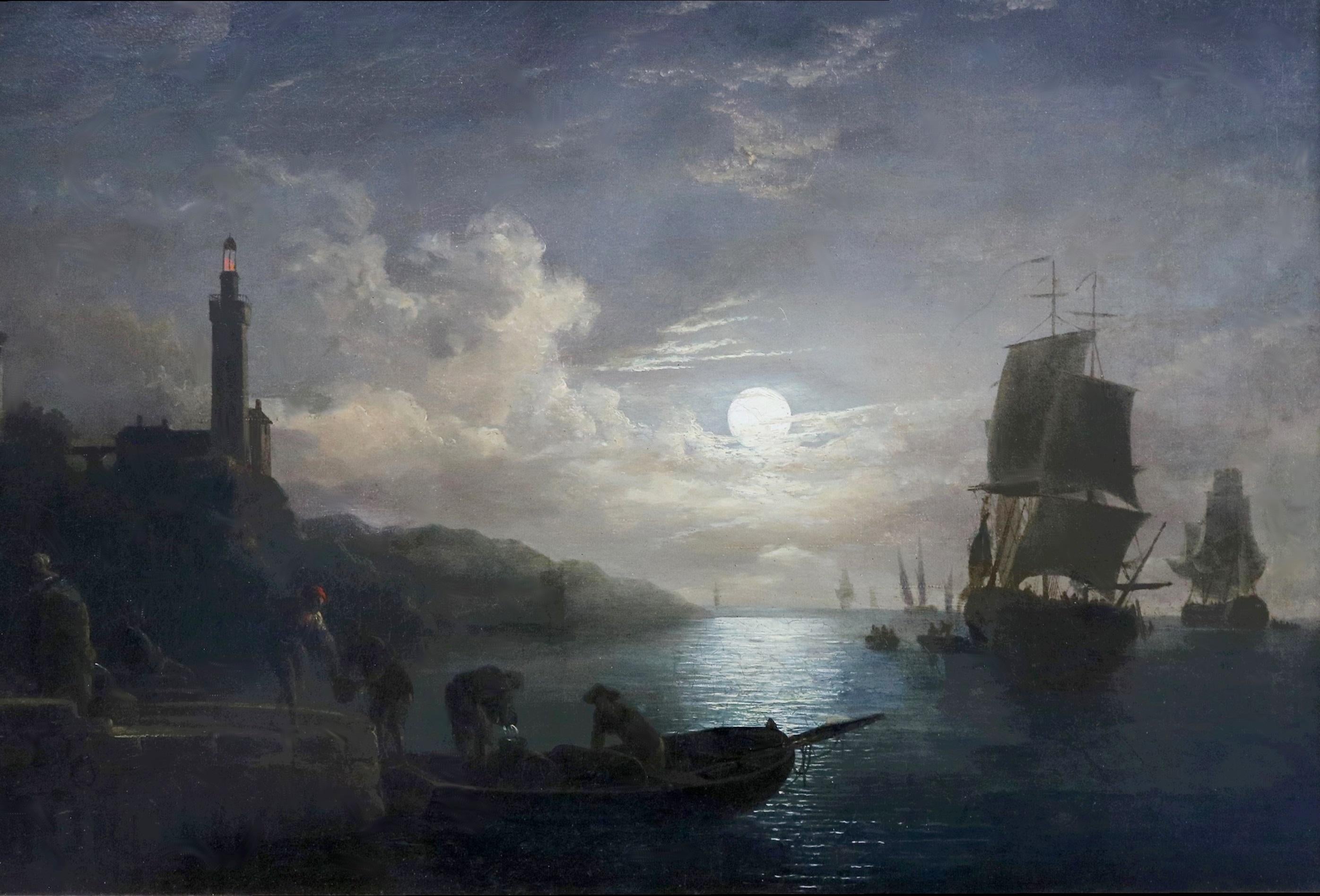 Galleons by Moonlight - 19th Century English Oil Painting Seascape at Full Moon 1