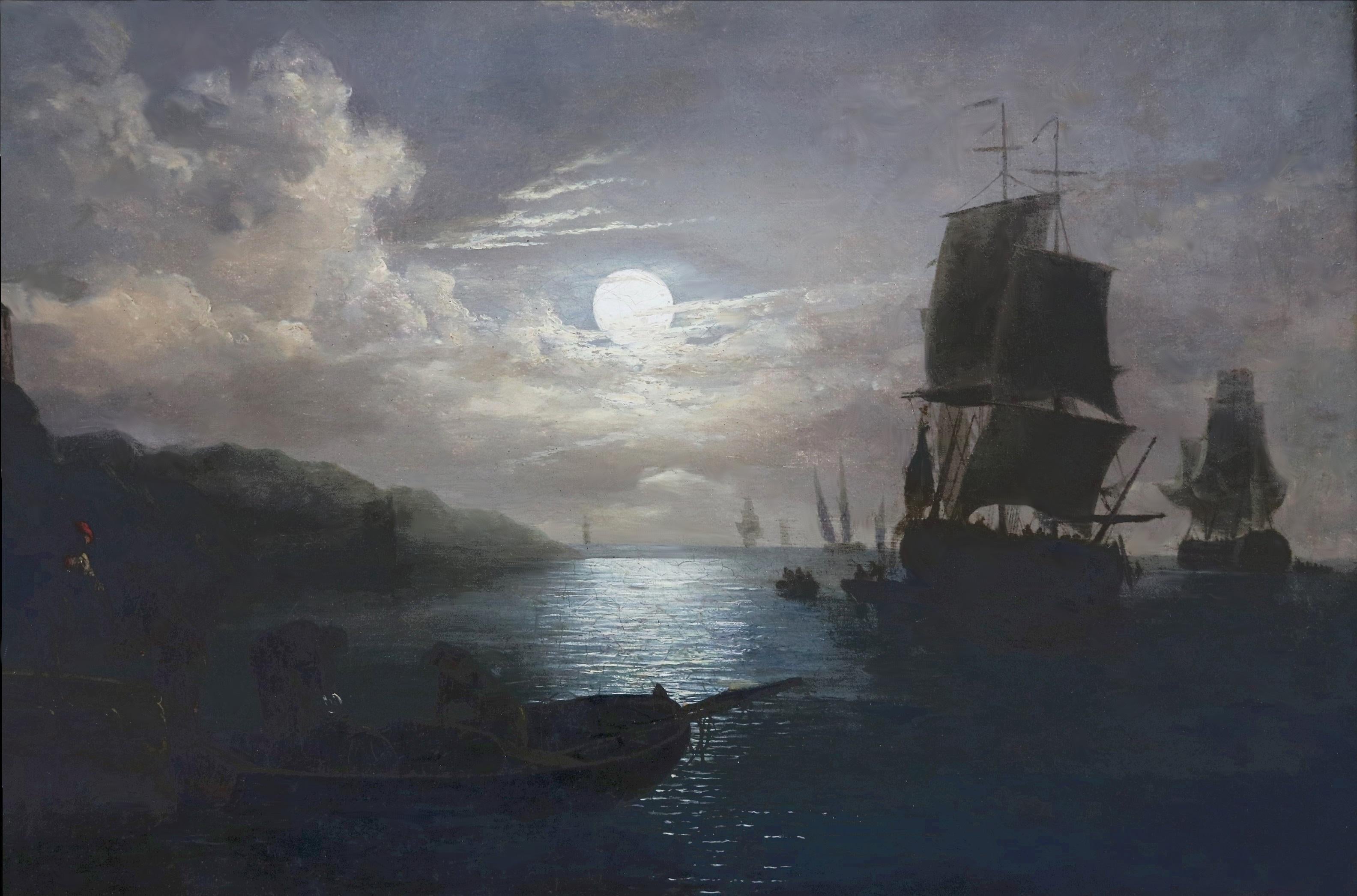 Galleons by Moonlight - 19th Century English Oil Painting Seascape at Full Moon 2