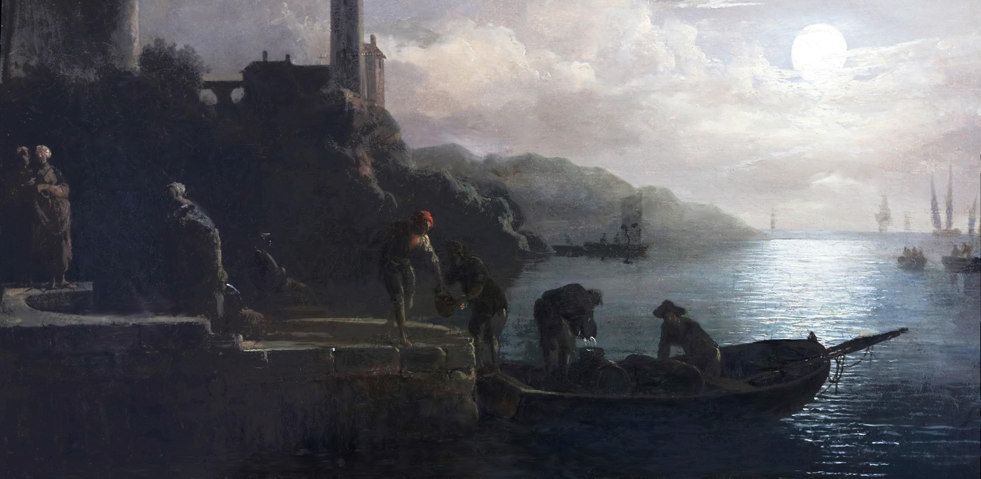 Galleons by Moonlight - 19th Century English Oil Painting Seascape at Full Moon 3