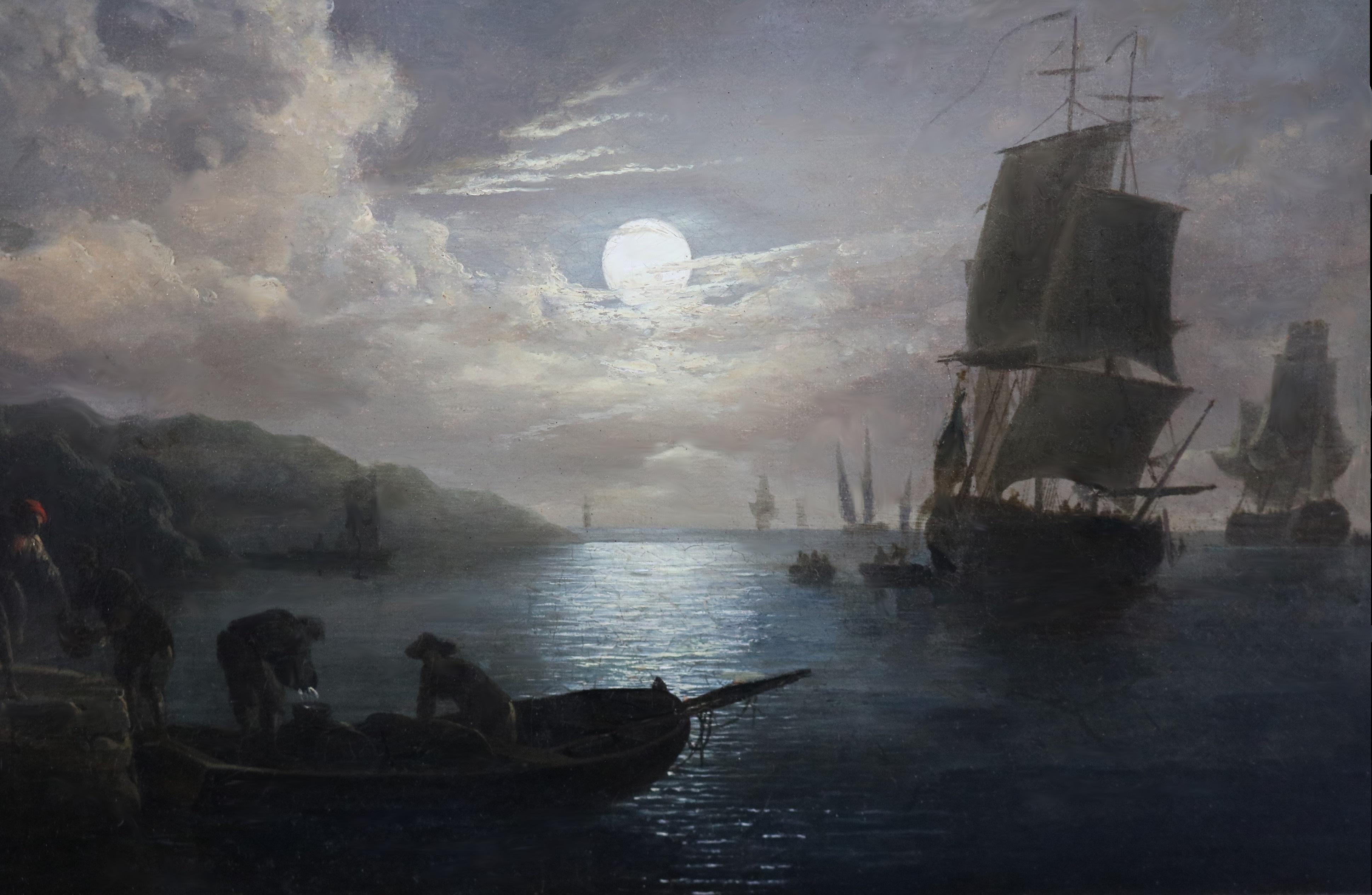 Galleons by Moonlight - 19th Century English Oil Painting Seascape at Full Moon 5