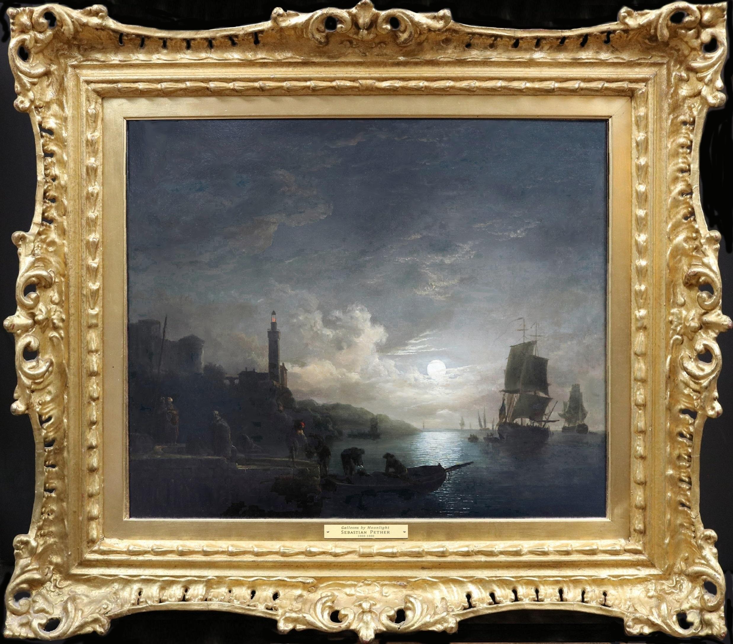 Sebastian Pether Landscape Painting - Galleons by Moonlight - 19th Century English Oil Painting Seascape at Full Moon