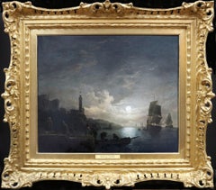 Galleons by Moonlight - 19th Century English Oil Painting Seascape at Full Moon