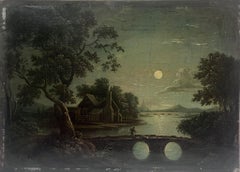 Fine Early 19th Century British Oil Painting Moonlit River Landscape with Figure
