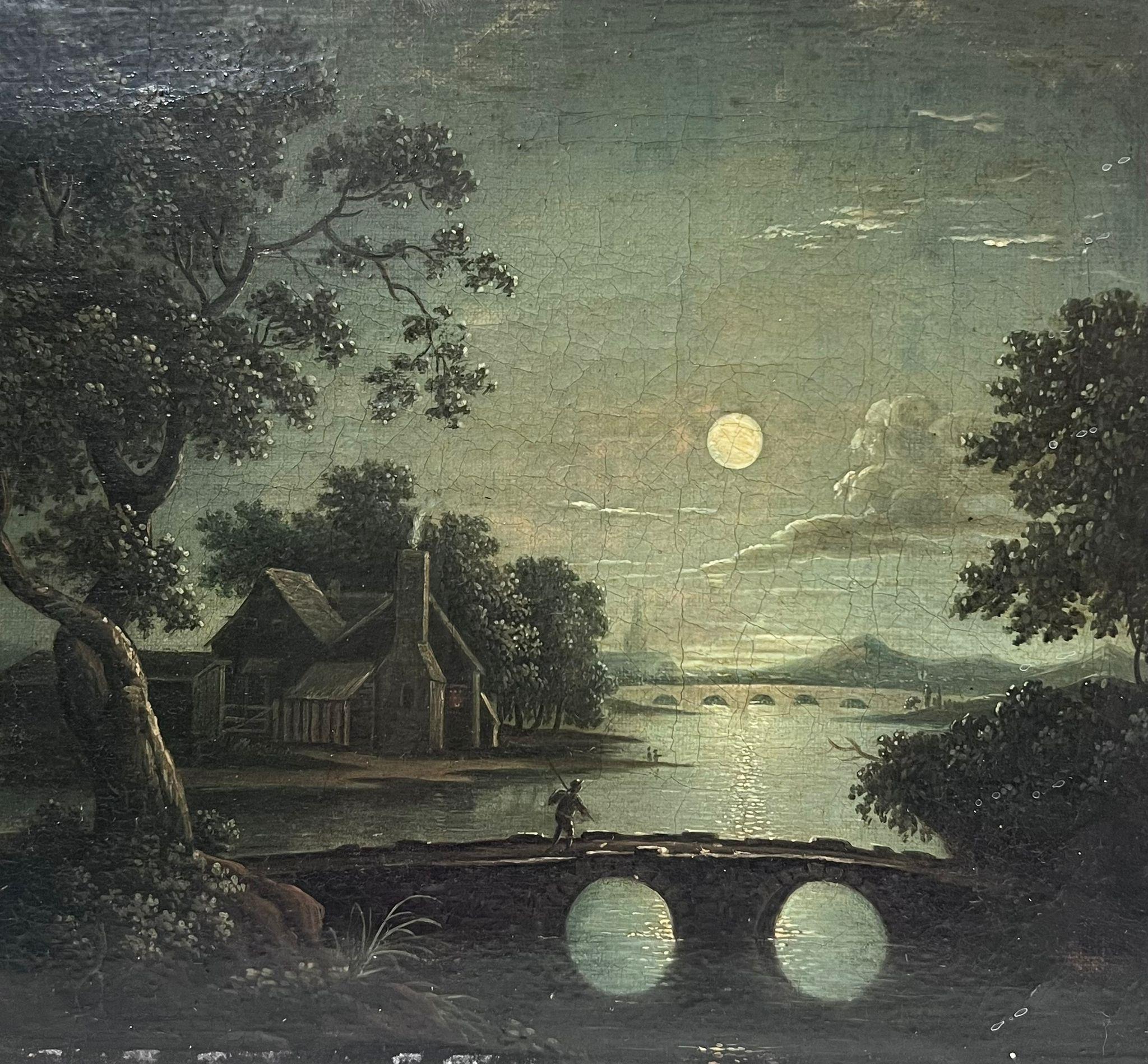 Fine Early 19th Century British Oil Painting Moonlit River Landscape with Figure For Sale 1