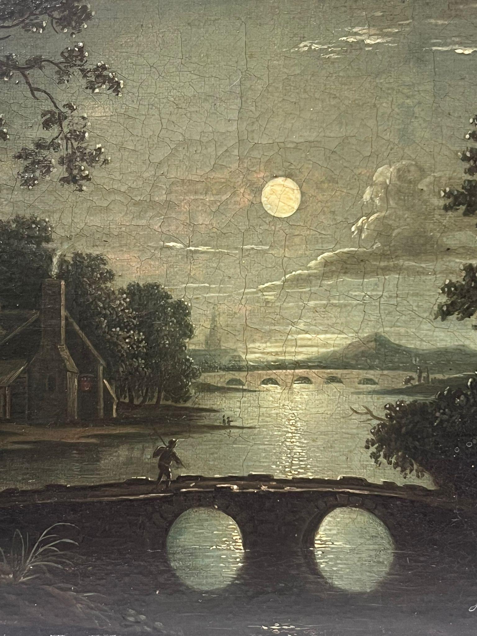 Fine Early 19th Century British Oil Painting Moonlit River Landscape with Figure For Sale 3