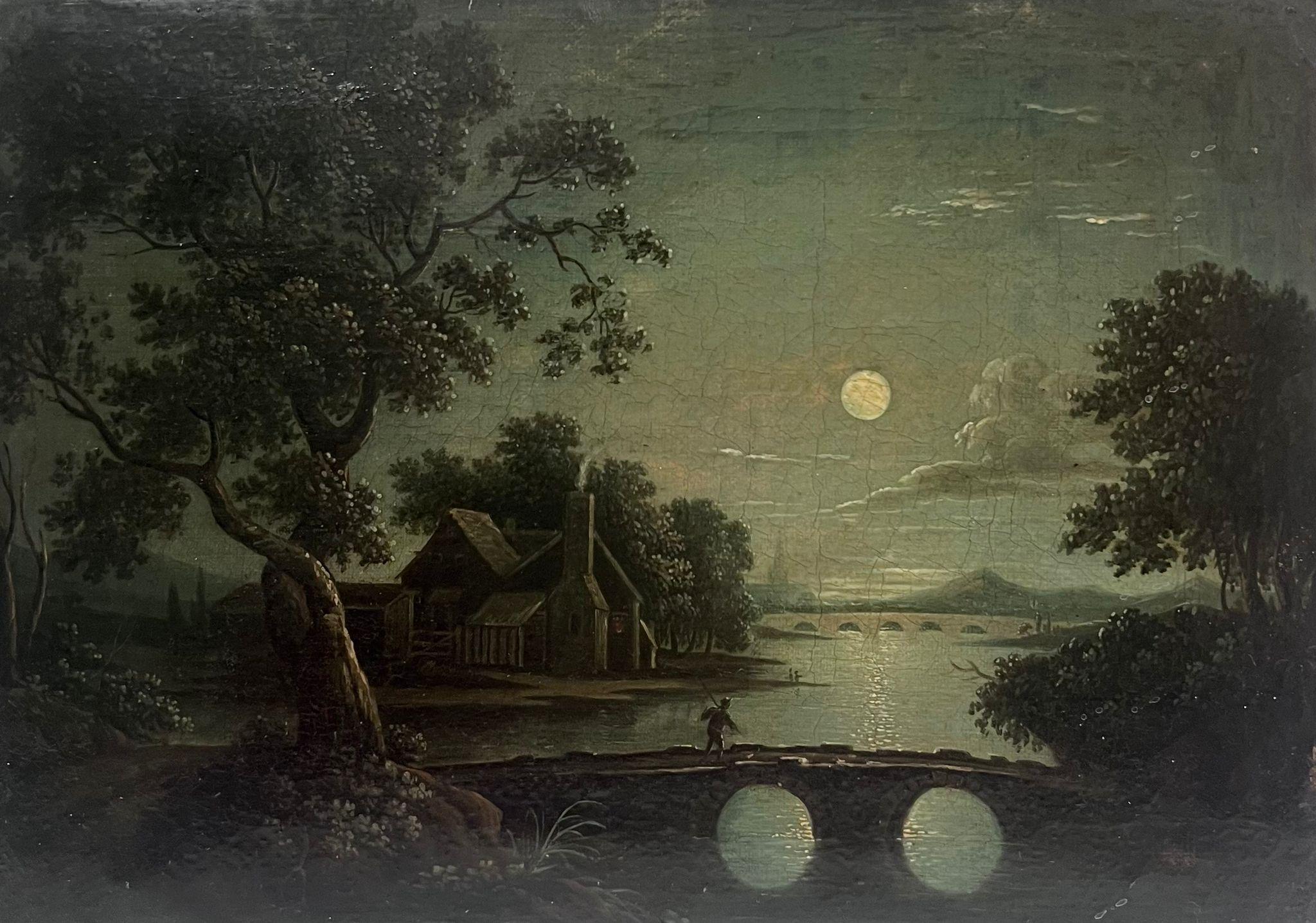 Sebastian Pether Landscape Painting - Fine Early 19th Century British Oil Painting Moonlit River Landscape with Figure