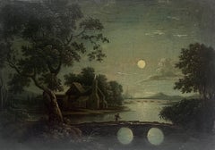Belle peinture à l'huile britannique du début du 19e siècle Paysage de rivière au clair de lune avec personnage