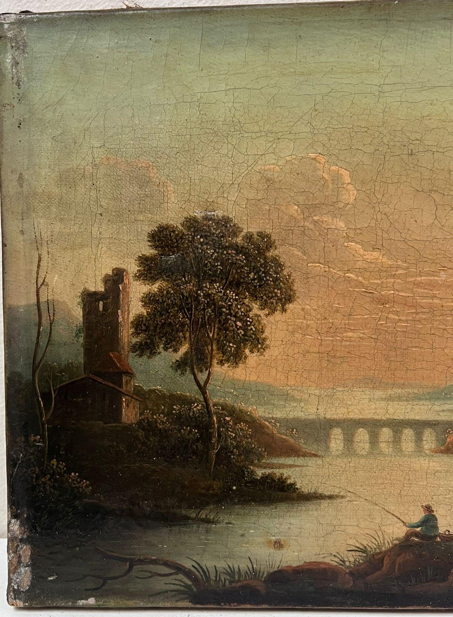 Romantische englische Flusslandschaft mit Angler bei Sonnenuntergang, frühes 19. Jahrhundert, Öl  – Painting von Sebastian Pether