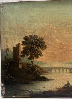 Romantic English River Landscape with Angler at Sunset early 19th Century Oil