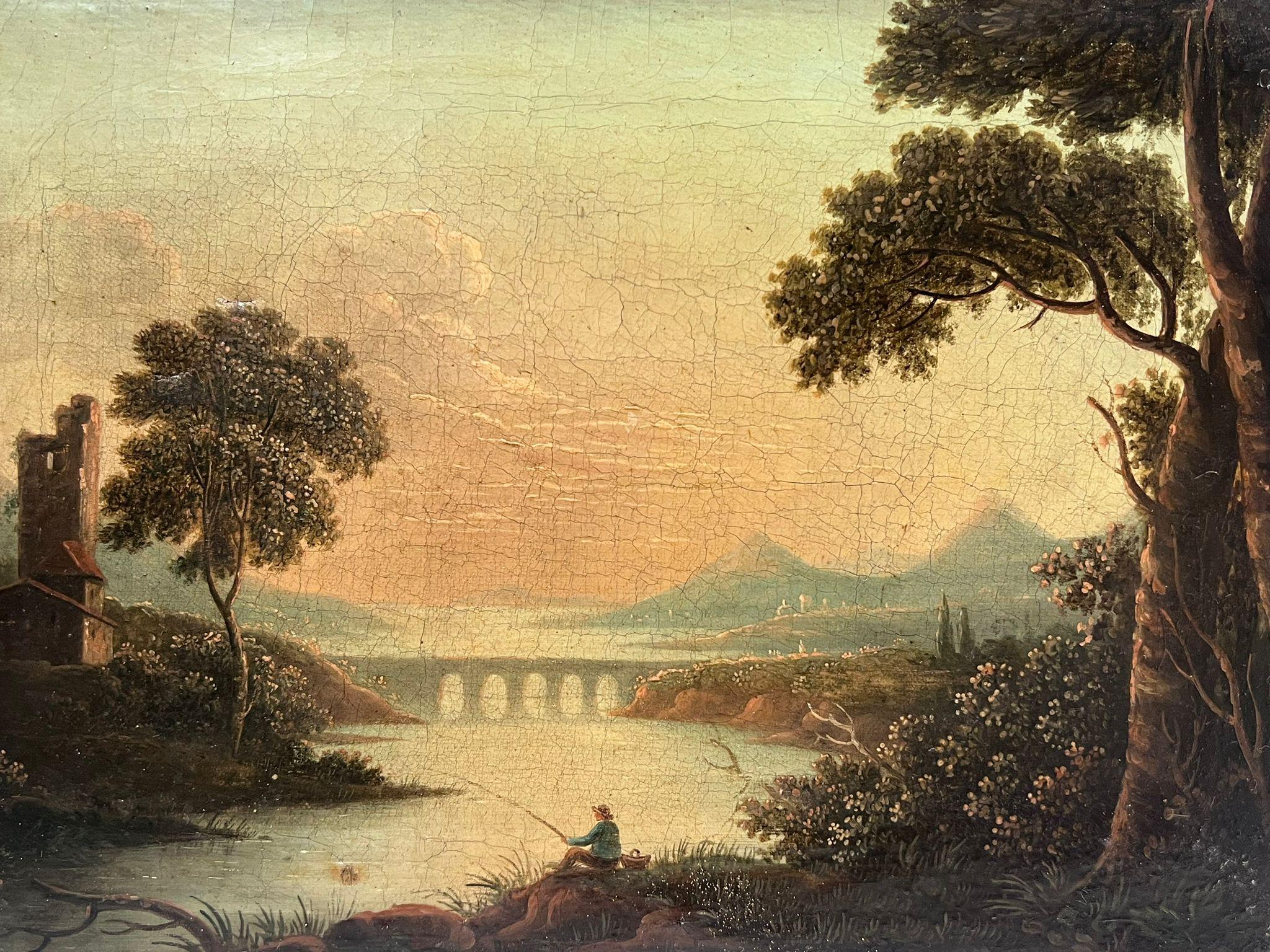 Romantische englische Flusslandschaft mit Angler bei Sonnenuntergang, frühes 19. Jahrhundert, Öl  (Englische Schule), Painting, von Sebastian Pether