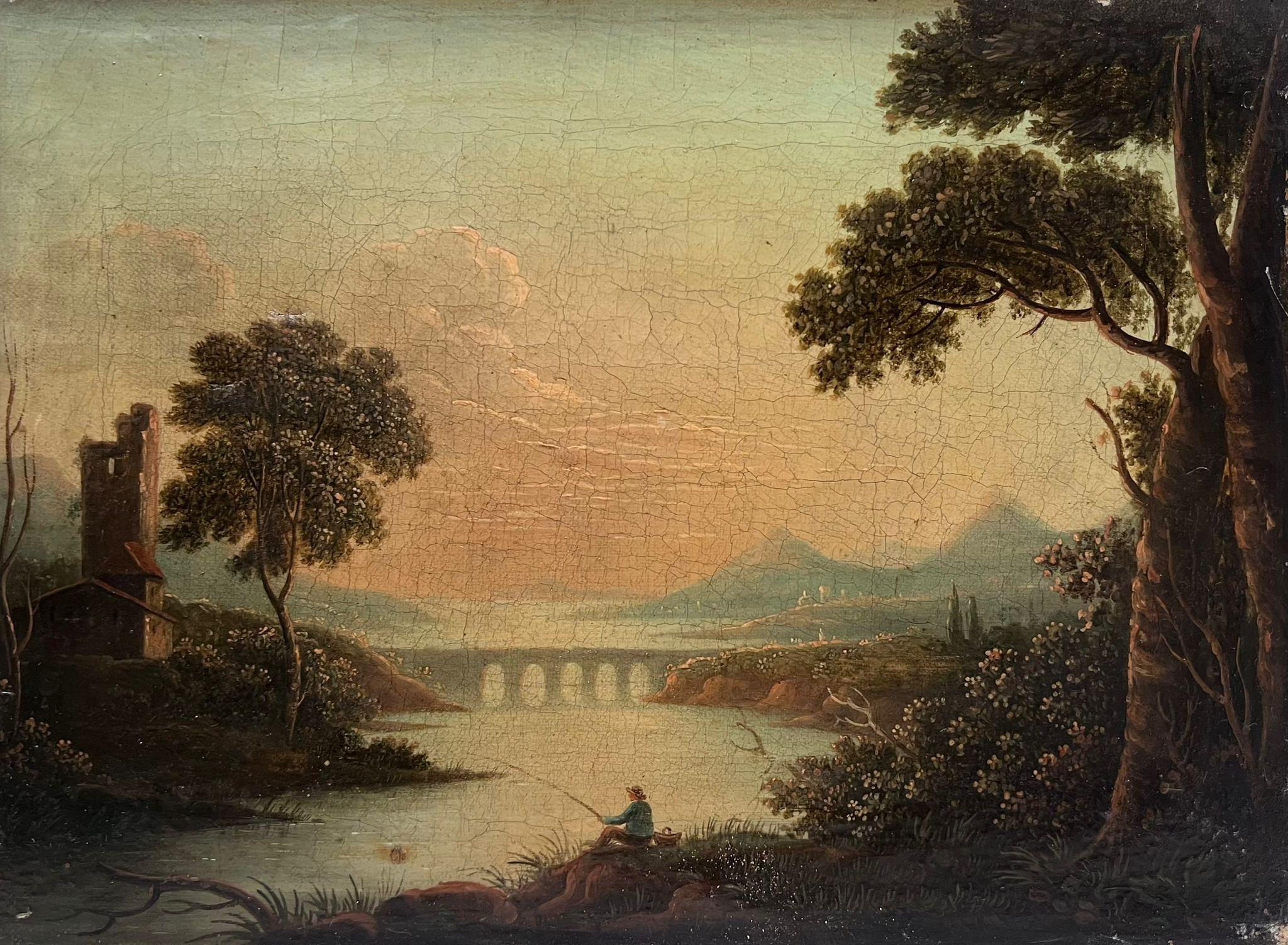 Sebastian Pether Landscape Painting – Romantische englische Flusslandschaft mit Angler bei Sonnenuntergang, frühes 19. Jahrhundert, Öl 