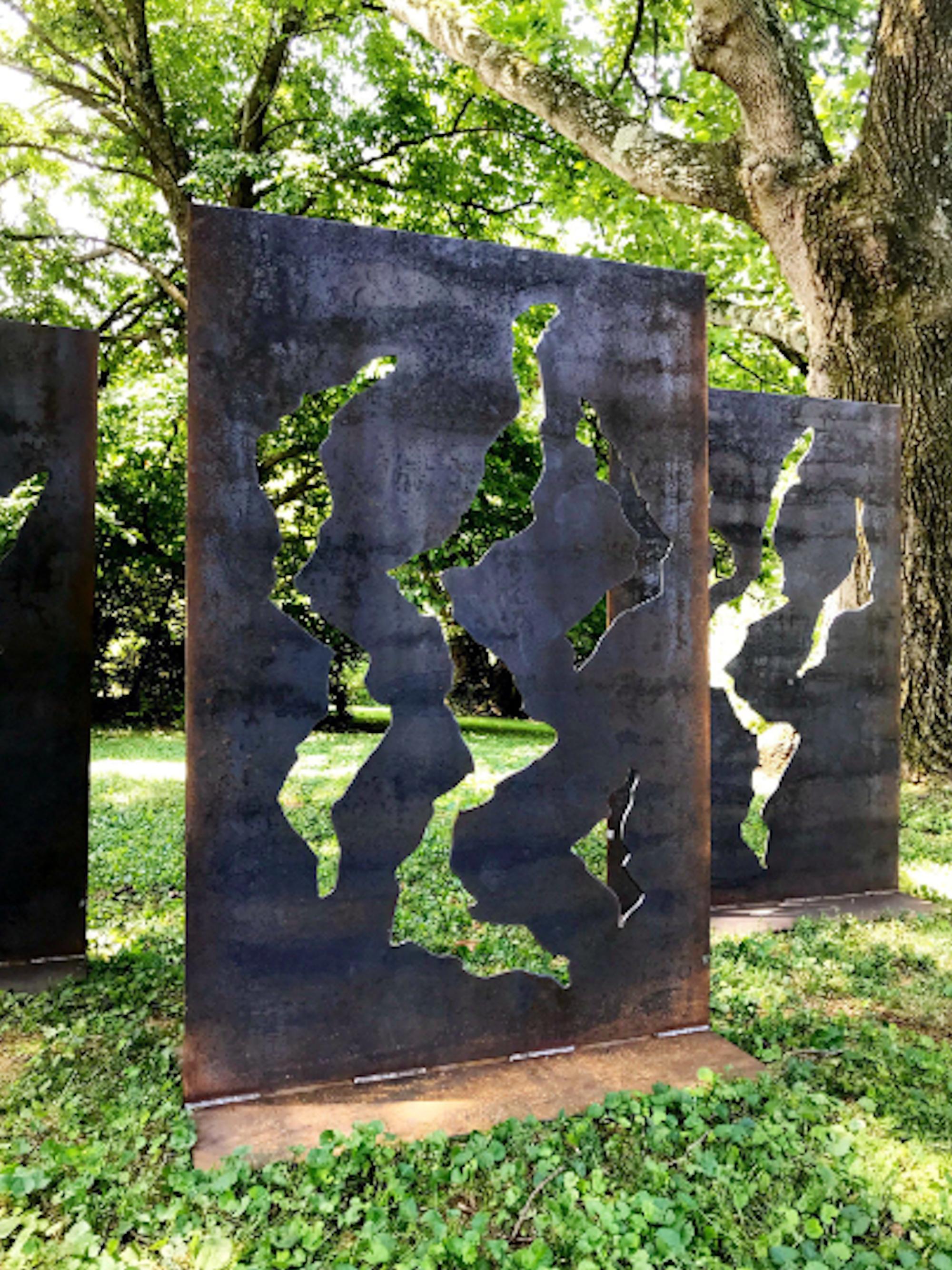 Hand-torch cut and welded freestanding outdoor sculpture made of mild steel.  Natural artistic patina.  The bases are welded on and can be left above ground or below.

Each sculpture is 72” tall x 48” wide with a 24”x 48” base. Weight per sculpture