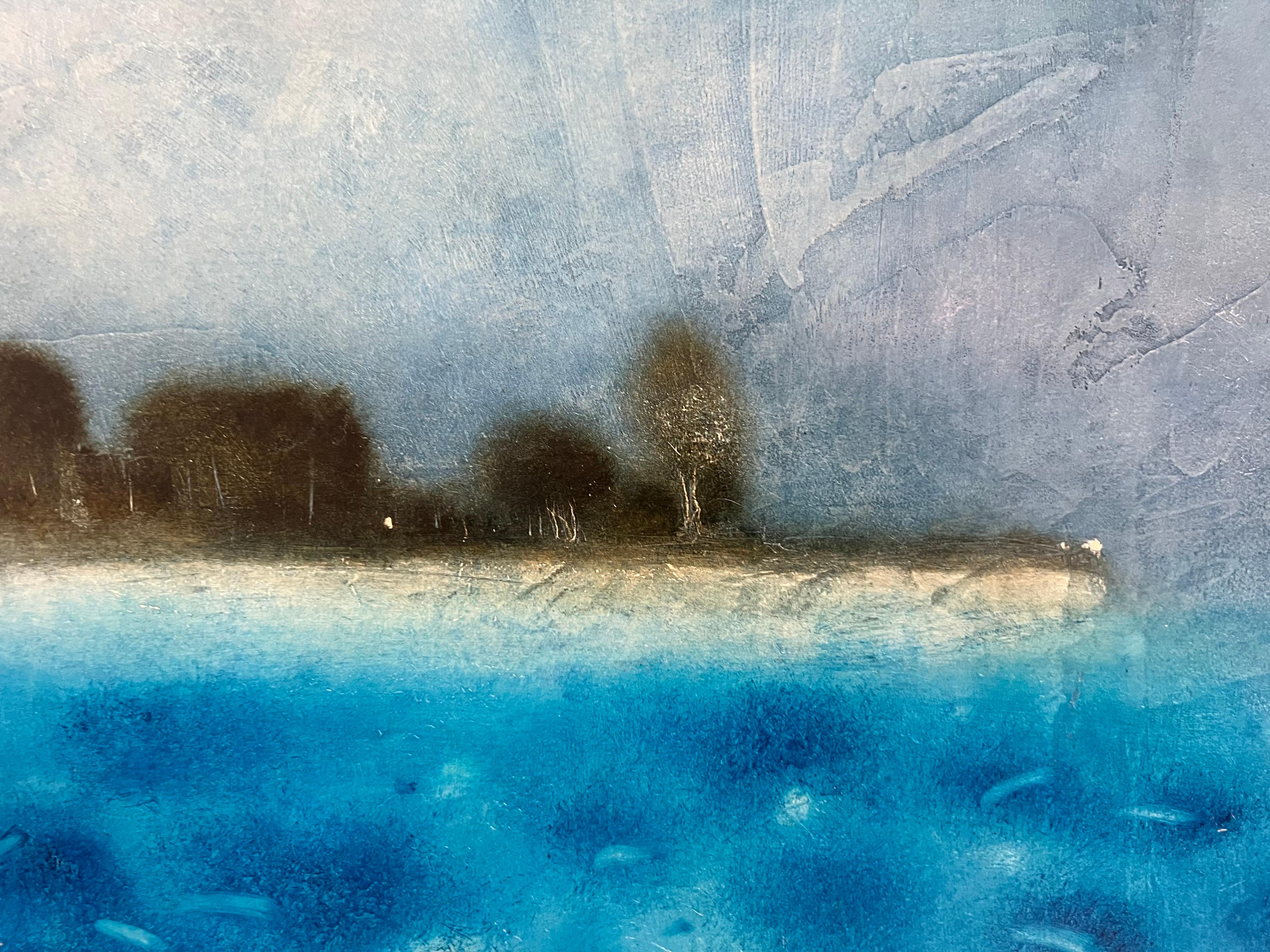 Cargo – Öl auf Leinwand. Gemälde spielt mit dem Auge – ein Trick fürs Auge 28 x 48 (Blau), Abstract Painting, von Sebastian Spreng