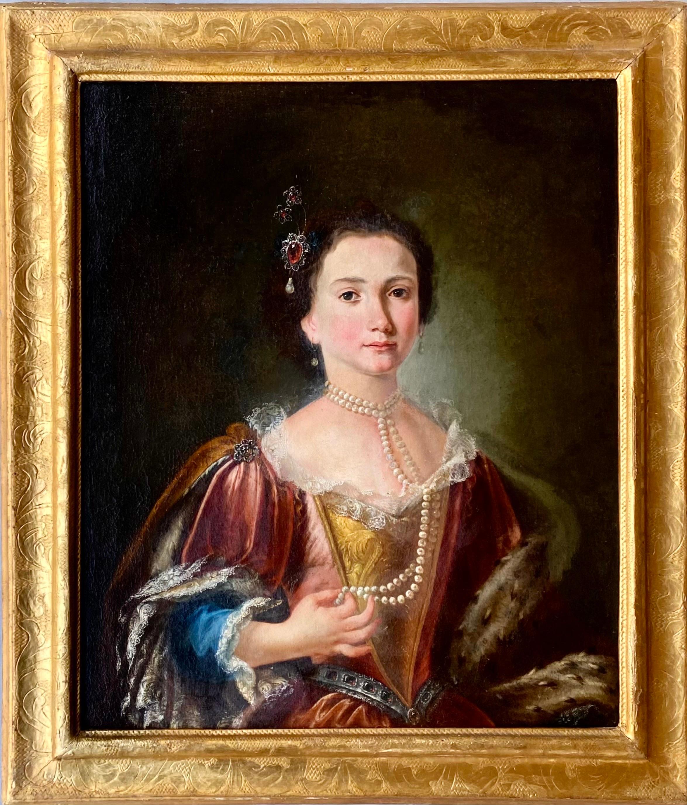 Sebastiano Ceccarini Portrait Painting - 18th century Italian Baroque Portrait painting of a lady - fur pearls Venice