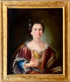 Antique 18th century Italian Baroque Portrait painting of a lady - fur pearls Venice