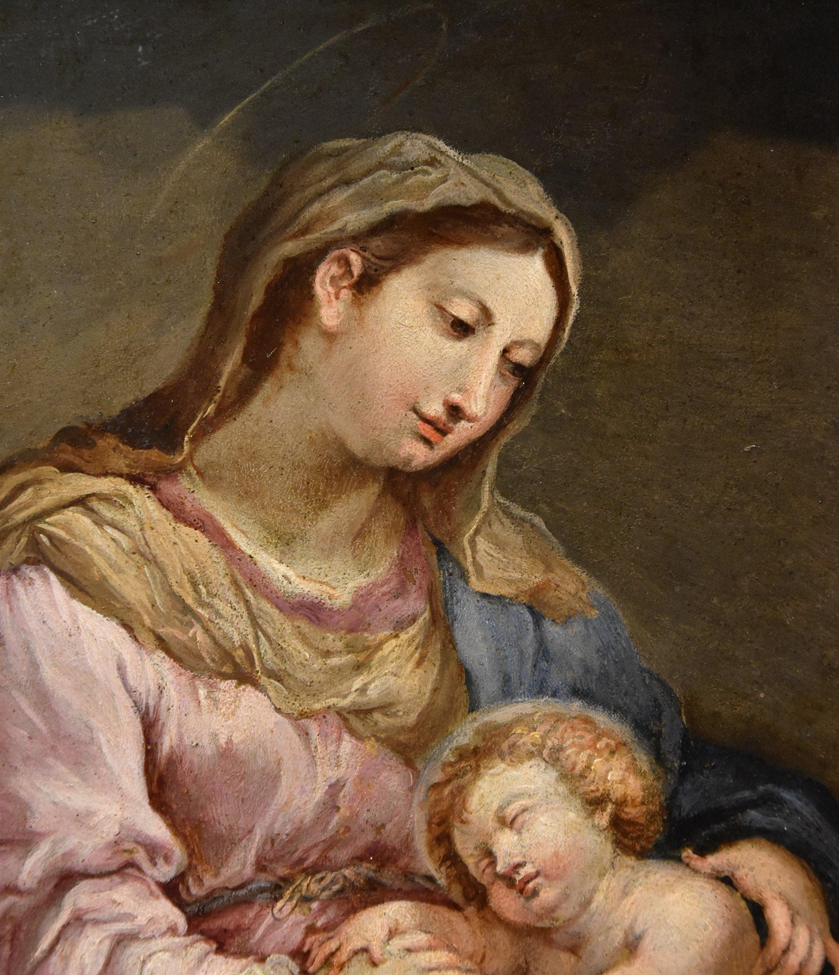 Sebastiano Conca (Gaeta 1680 – Naples 1764) circle  

Madonna and Child  

Oil on copper  

26 x 20 cm In high-quality period frame 72 x 50 cm  

The work depicts the Madonna lovingly holding the sleeping Child in her arms, celebrating motherhood in