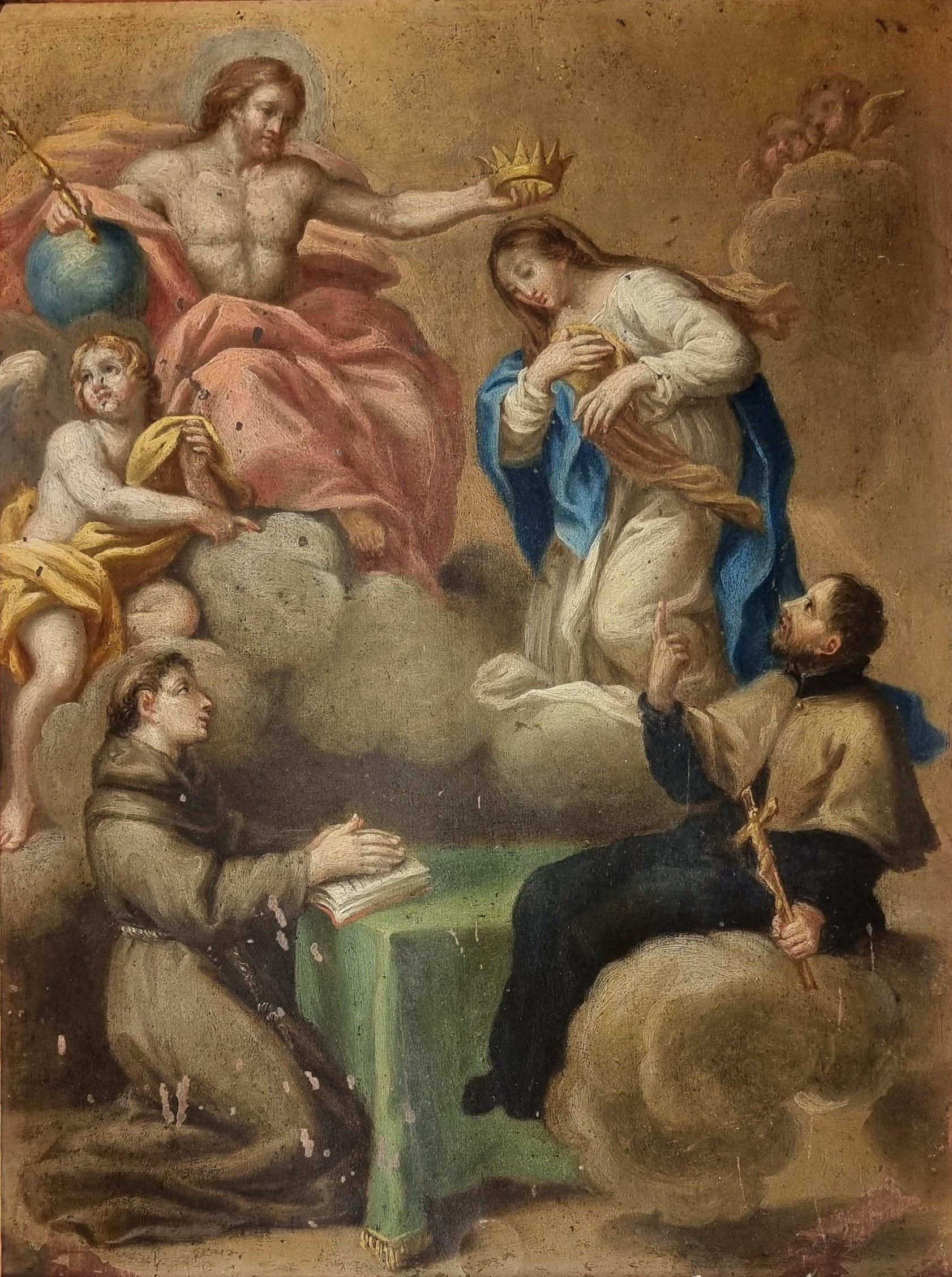Incoronazione della Vergine, olio su rame, cerchia di Sebastiano Conca in vendita 1