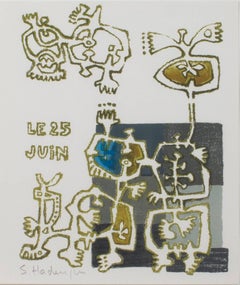 "Personajes con pájaro", Litografía original firmada por Sebastien Hadengue