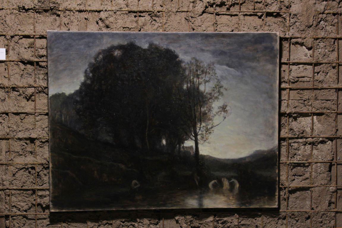 This artwork is a captivating depiction of a serene and atmospheric landscape, showcasing a masterful interplay of light and shadow. The scene presents a dusky, almost ethereal ambiance, with the sun either setting or rising in the background,