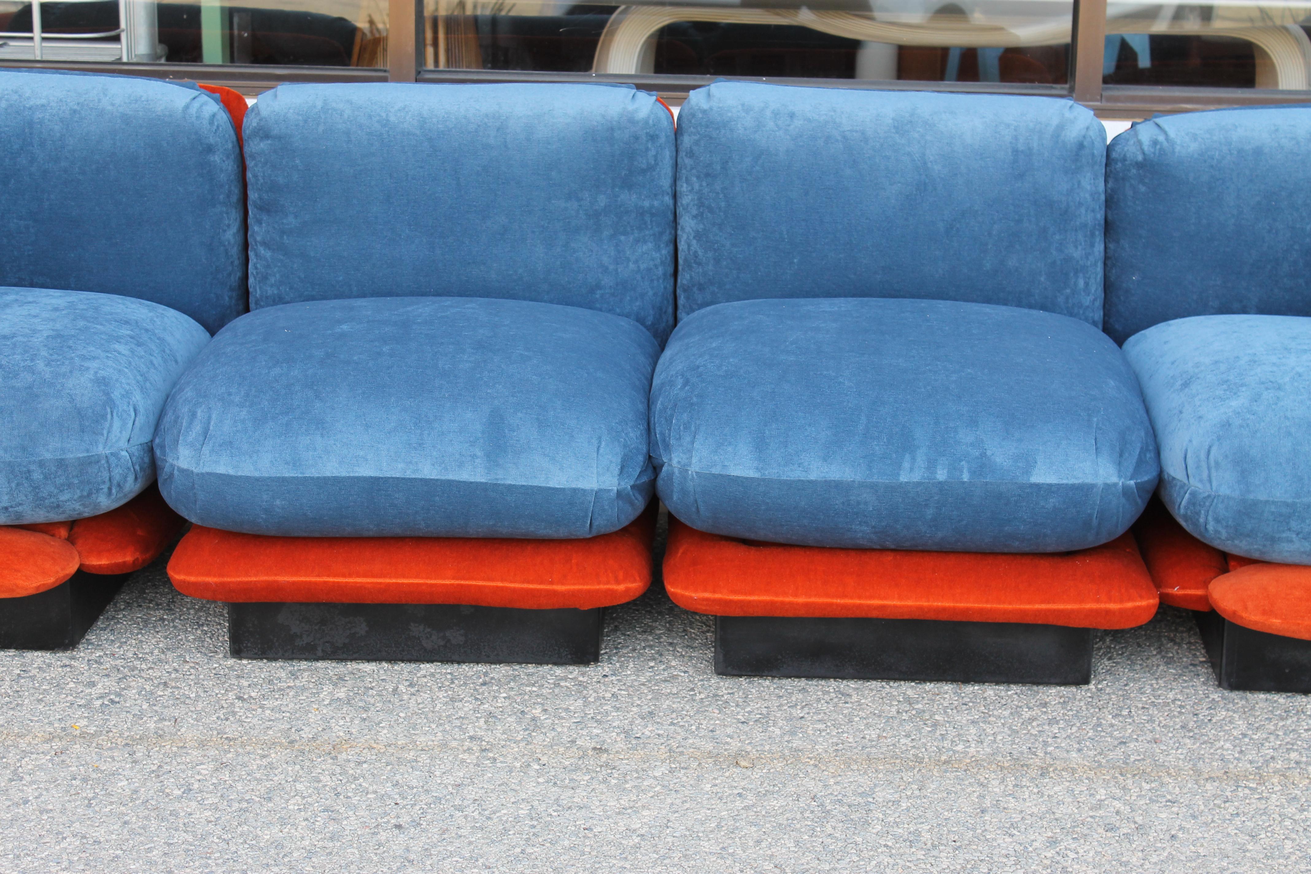 Mid-Century Modern Sectional Couch with Orange and Blue Mohair