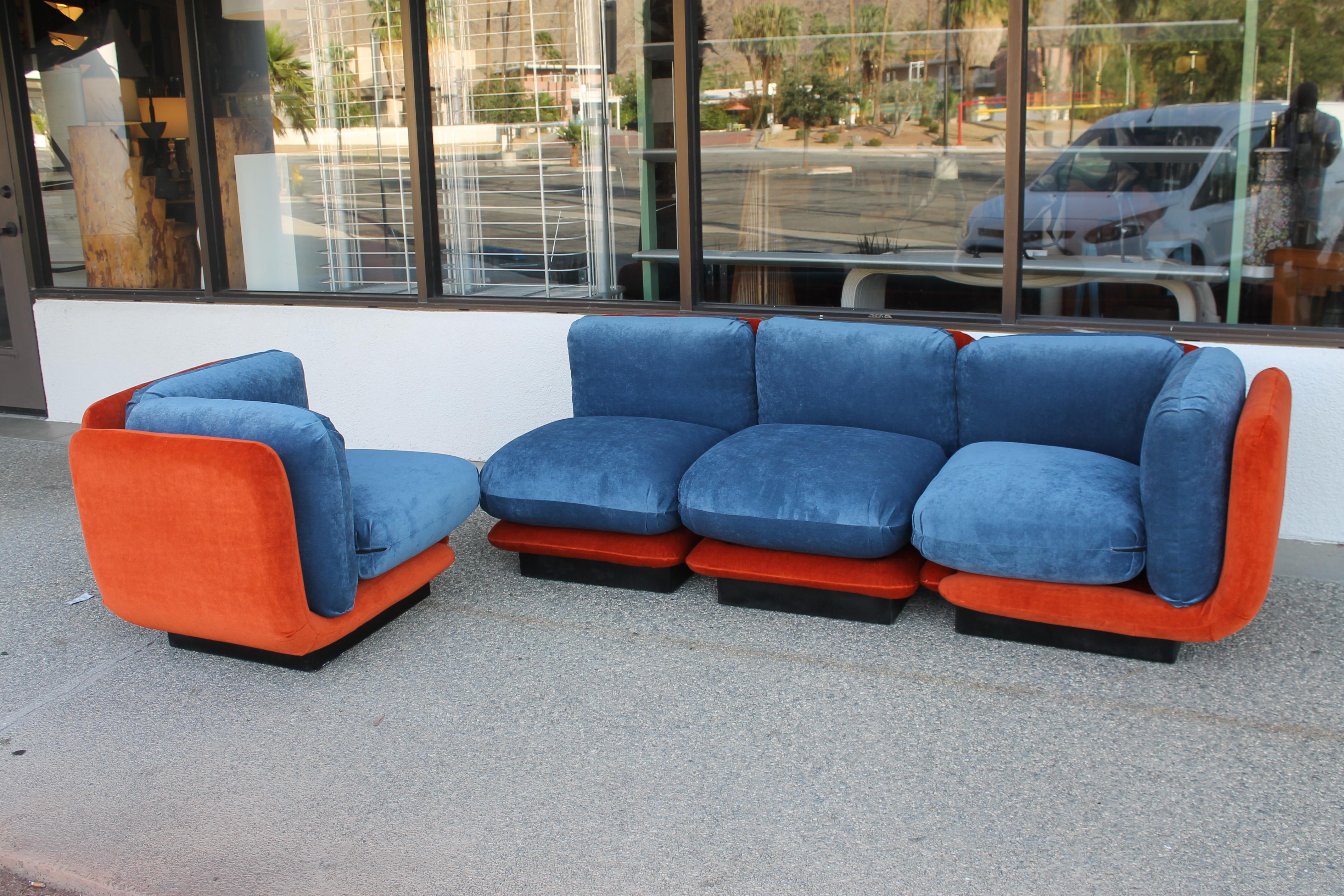 Fabric Sectional Couch with Orange and Blue Mohair
