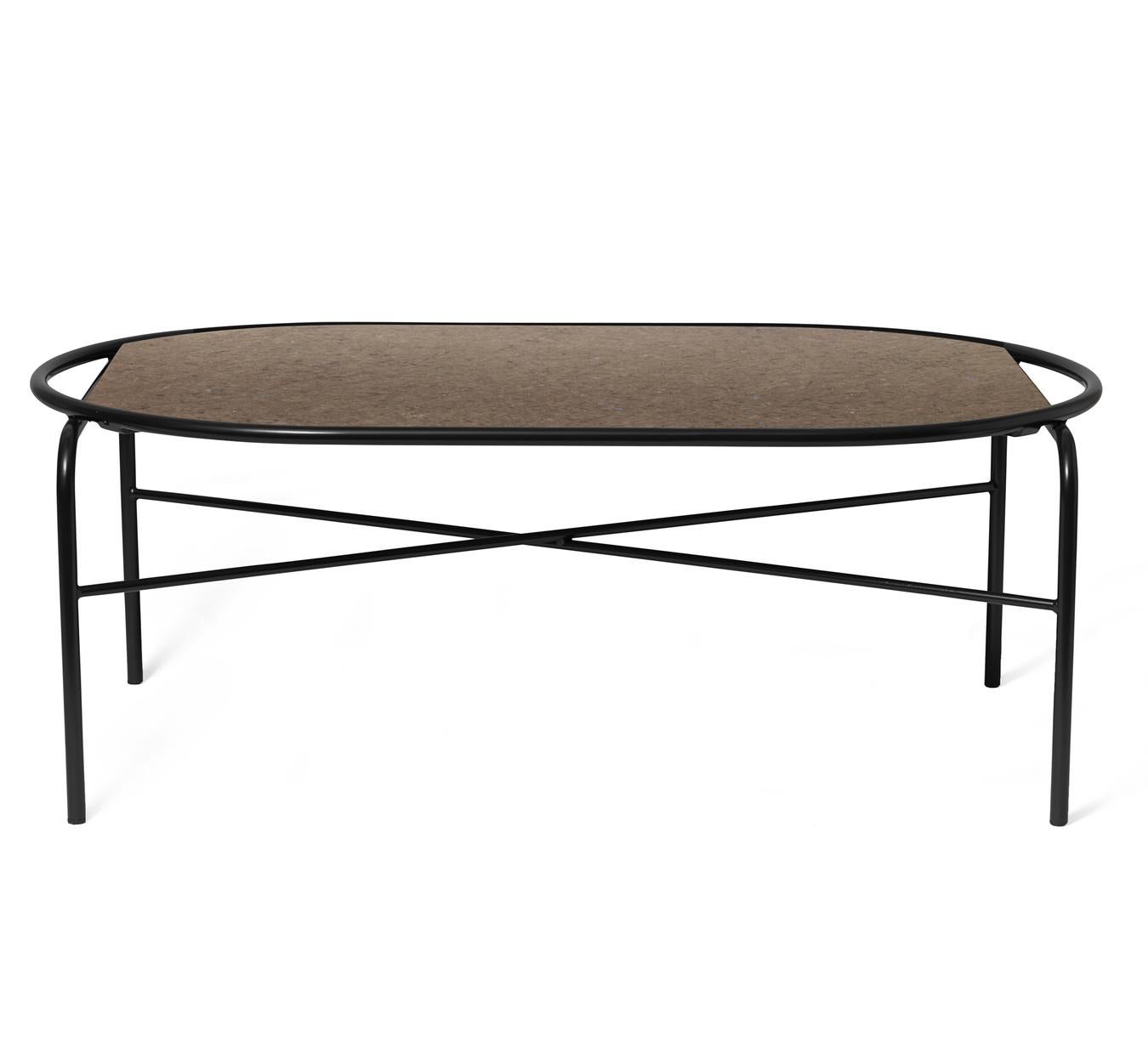 Secant oval table antique brown granite soft black by Warm Nordic
Dimensions: D100 x W60 x H36 cm
Material: Granite , Powder coated steel
Weight: 9 kg
Also available in different finishes and dimensions. 

Elegant coffee table that combines a