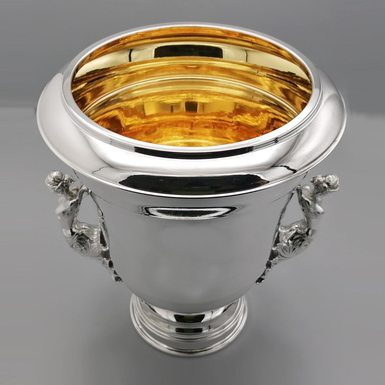 Italian champagne bucket in Sterling silver interior gilt with figure handles For Sale 4