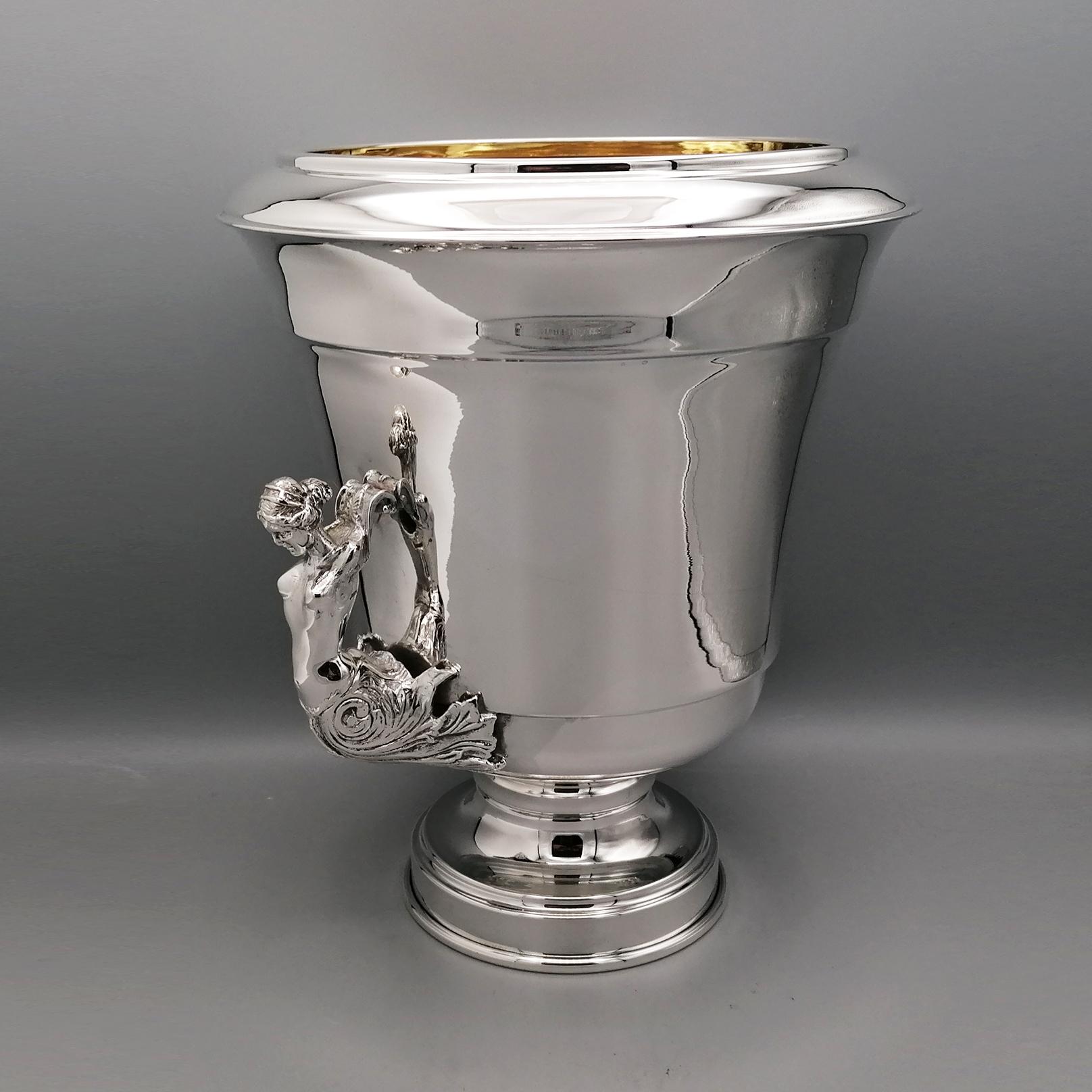 Italian champagne bucket in Sterling silver interior gilt with figure handles For Sale 6