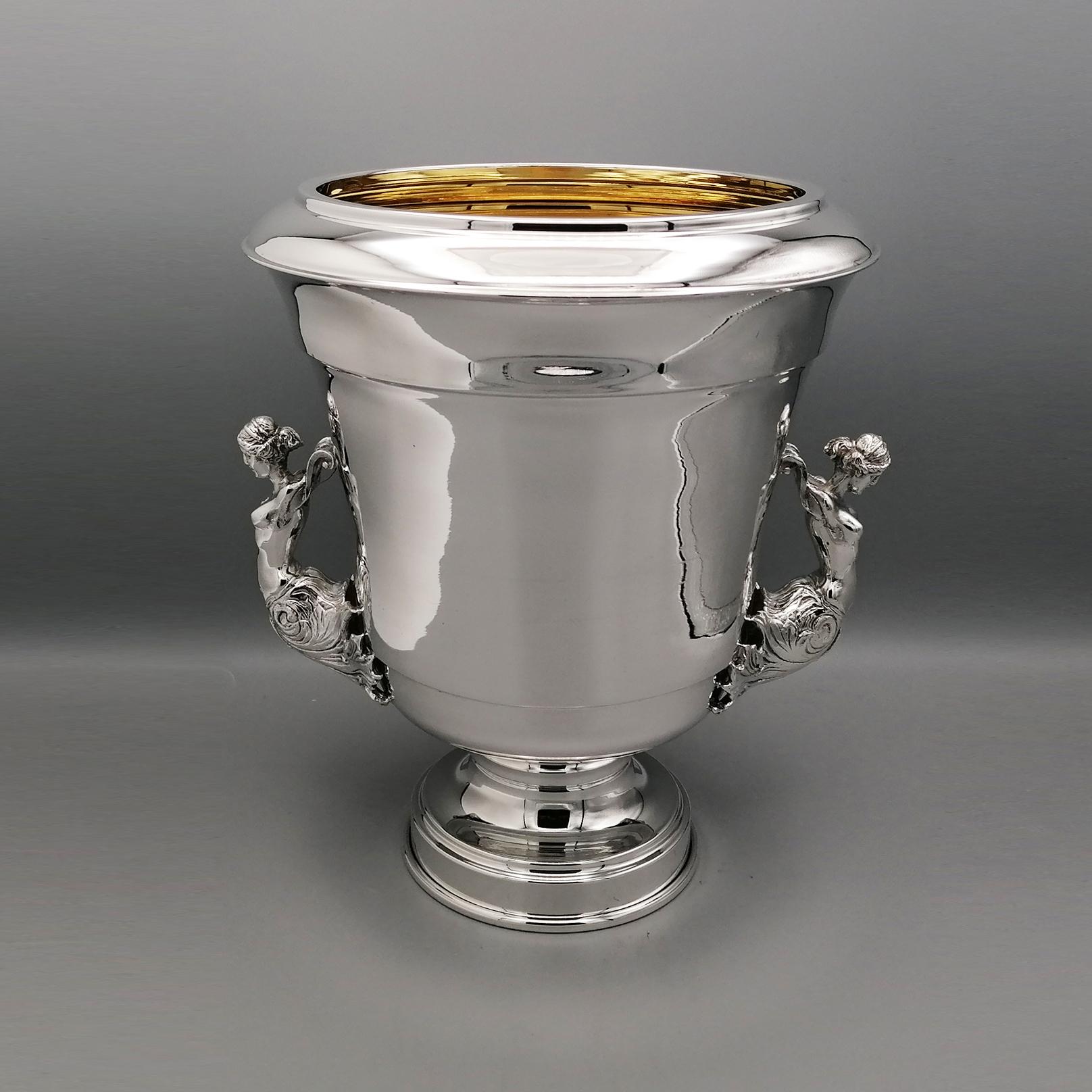 Italian champagne bucket in Sterling silver interior gilt with figure handles For Sale 11