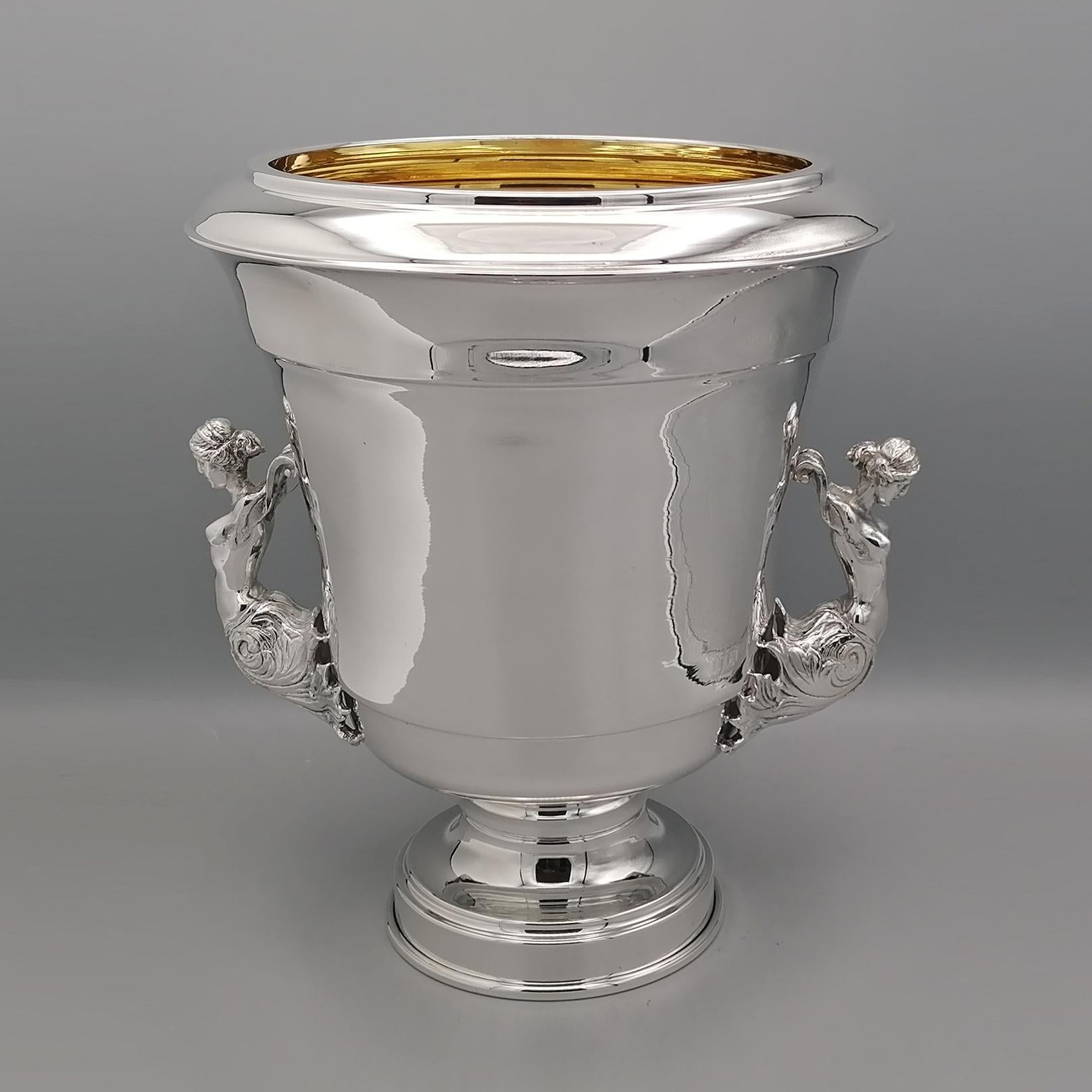 Italian champagne bucket in Sterling silver interior gilt with figure handles In Excellent Condition For Sale In VALENZA, IT