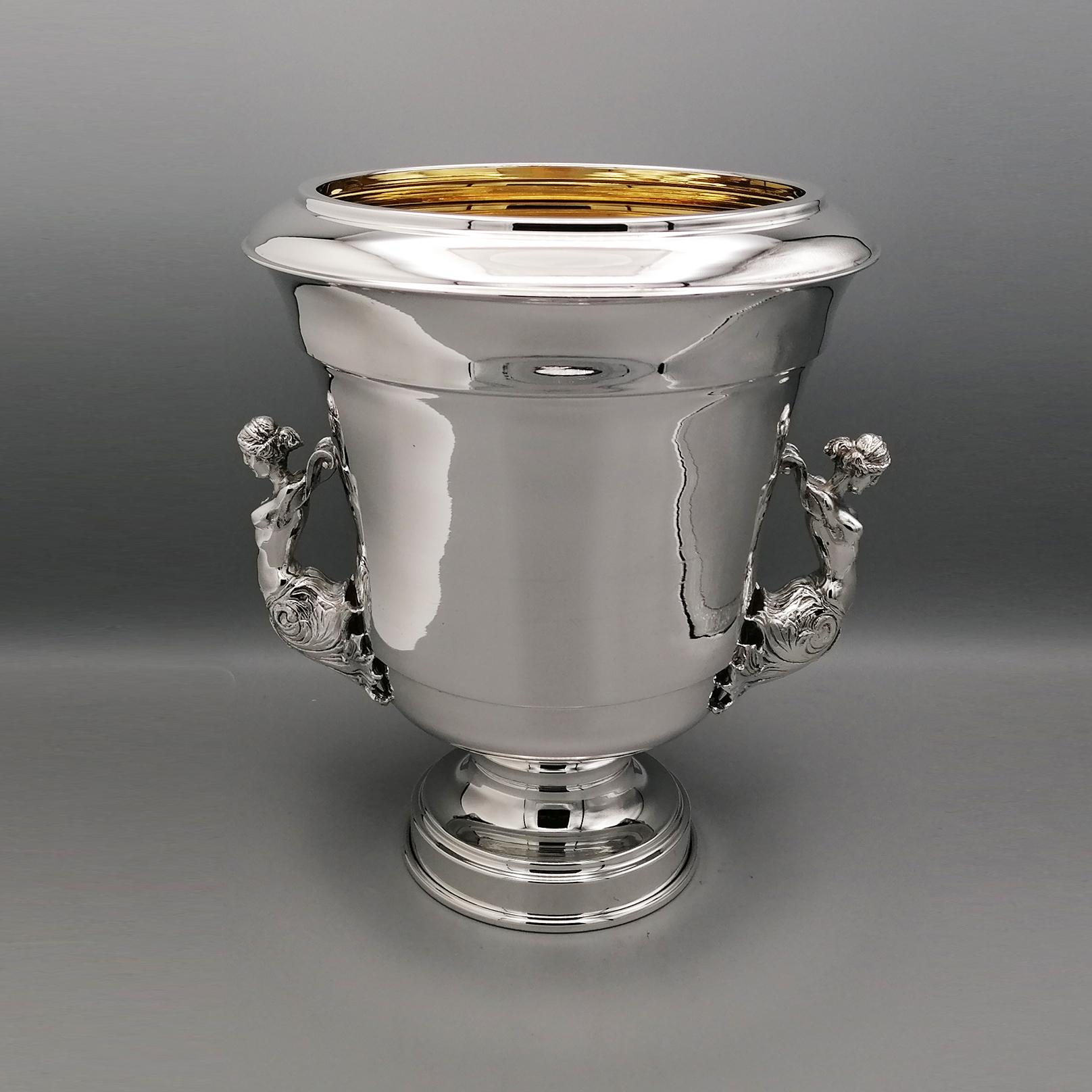 Late 20th Century Italian champagne bucket in Sterling silver interior gilt with figure handles For Sale