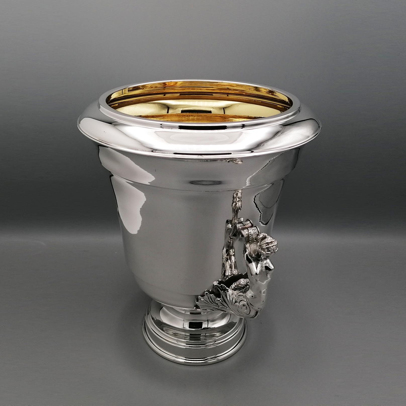 Silver Italian champagne bucket in Sterling silver interior gilt with figure handles For Sale
