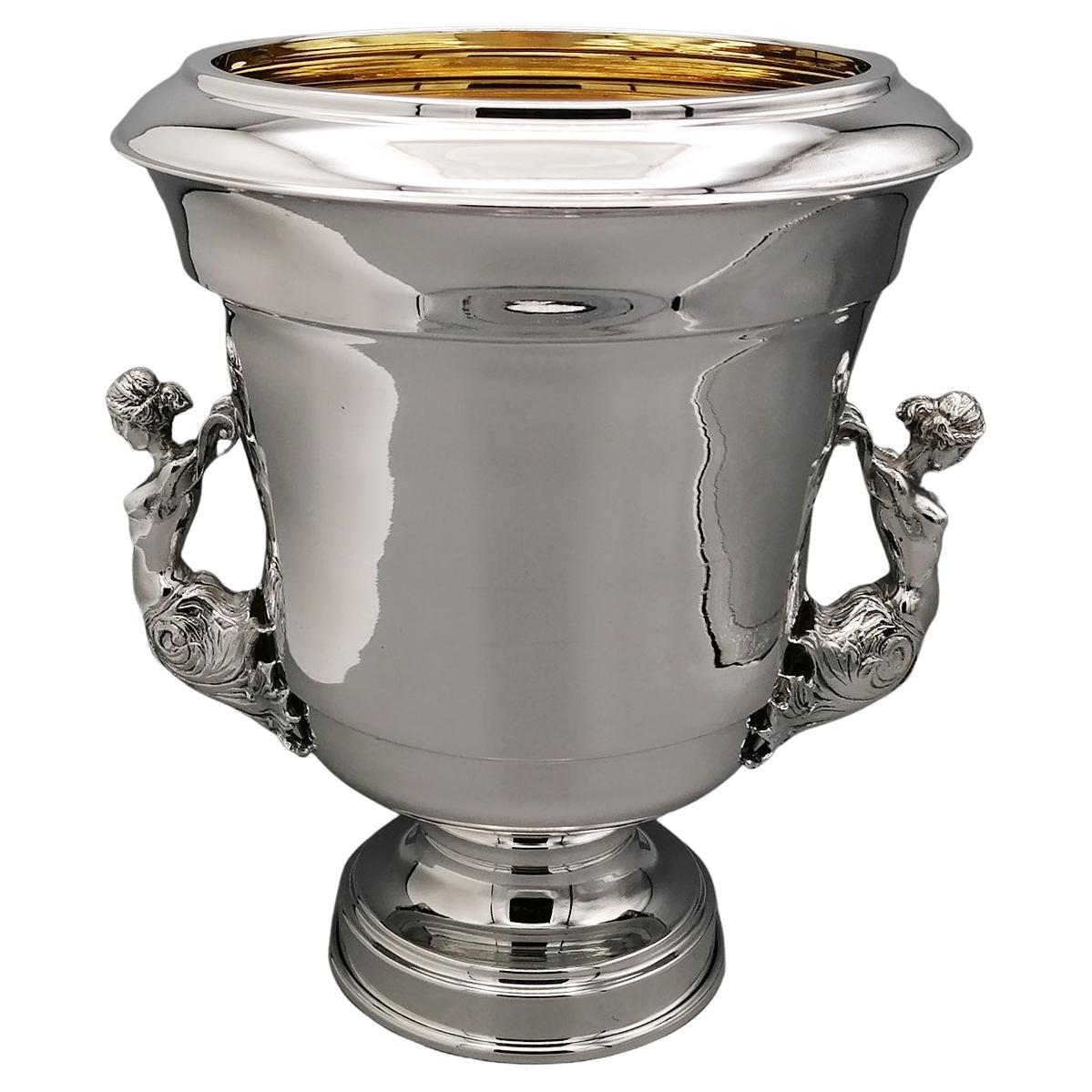 Italian champagne bucket in Sterling silver interior gilt with figure handles For Sale
