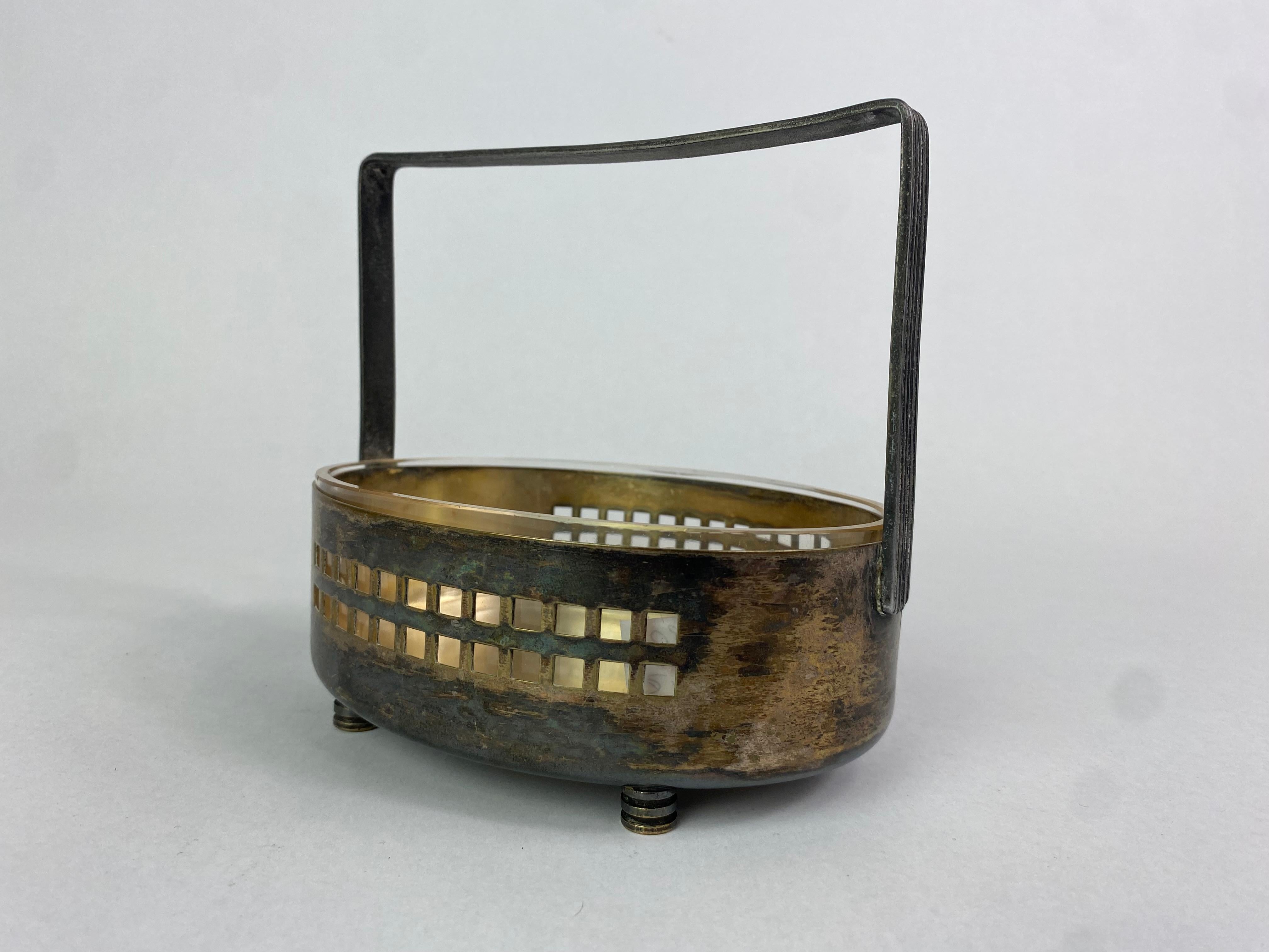Secession brass silverplated basket with glass inlay by Hans Ofner for Wolkenstein und Glückseelig. 