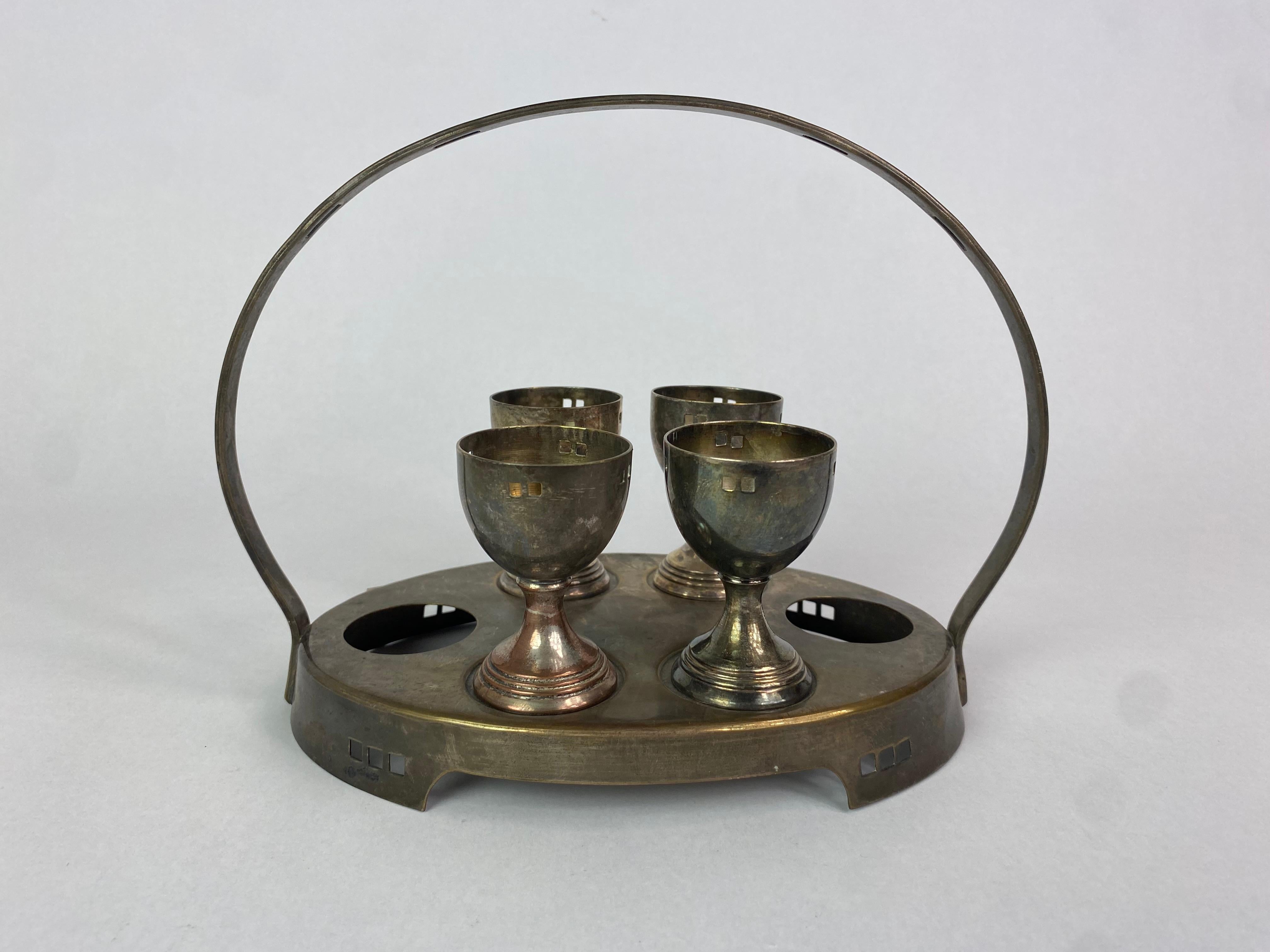 Secession Hans Ofner/Josef Hoffmann egg cups in original condition with patina. Salt and pepper cups are missing.