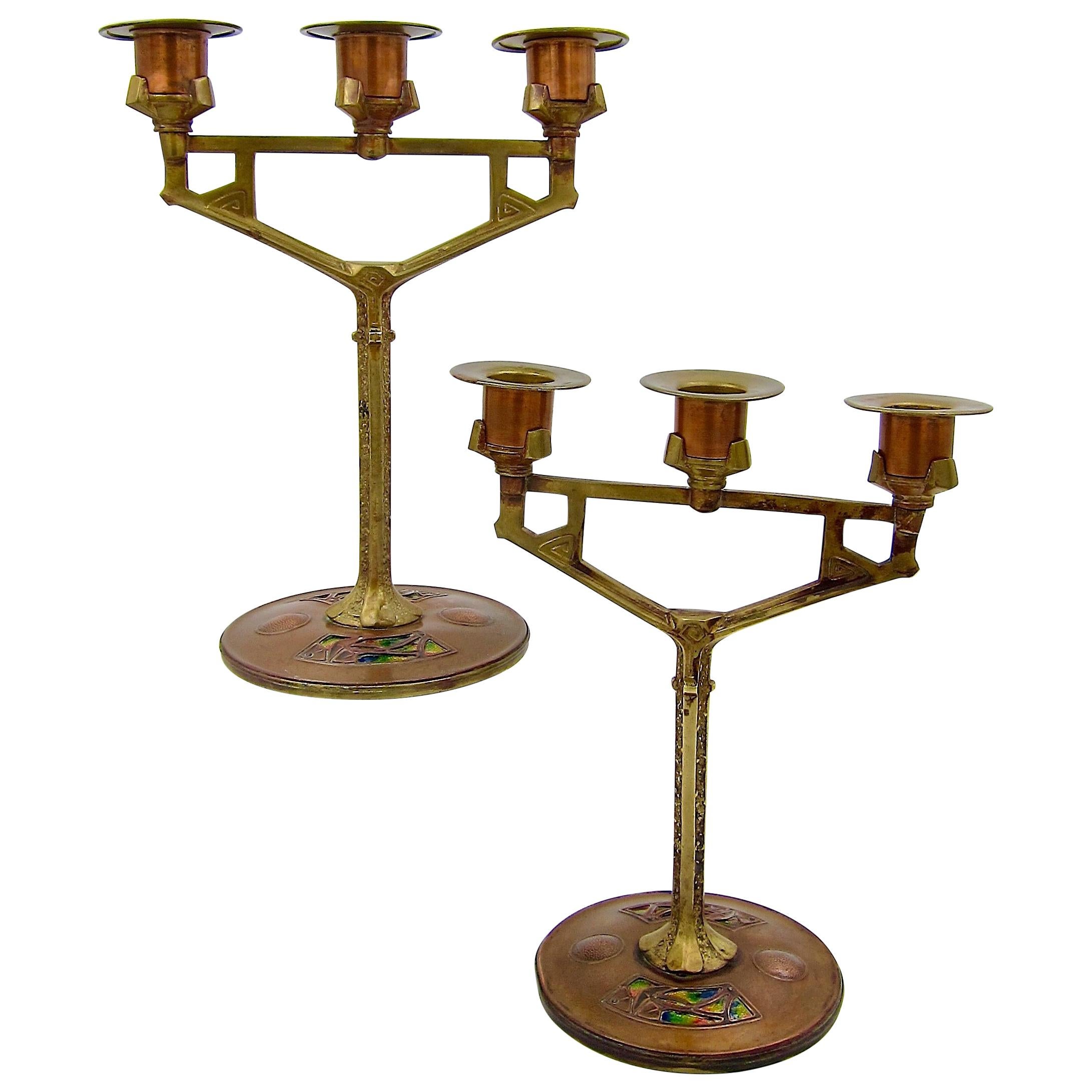 Secessionist Mixed Metal Candle Holder Pair in Enameled Copper and Brass