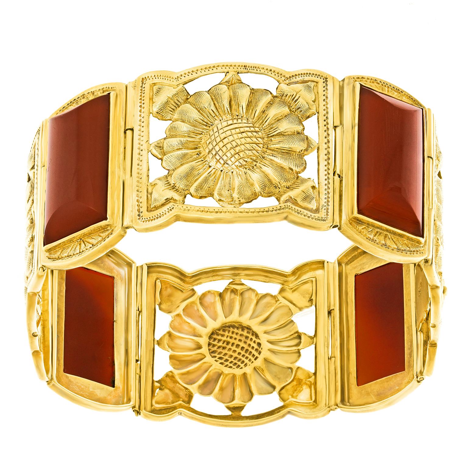 Emerald Cut Secessionist Carnelian and Gold Bracelet For Sale