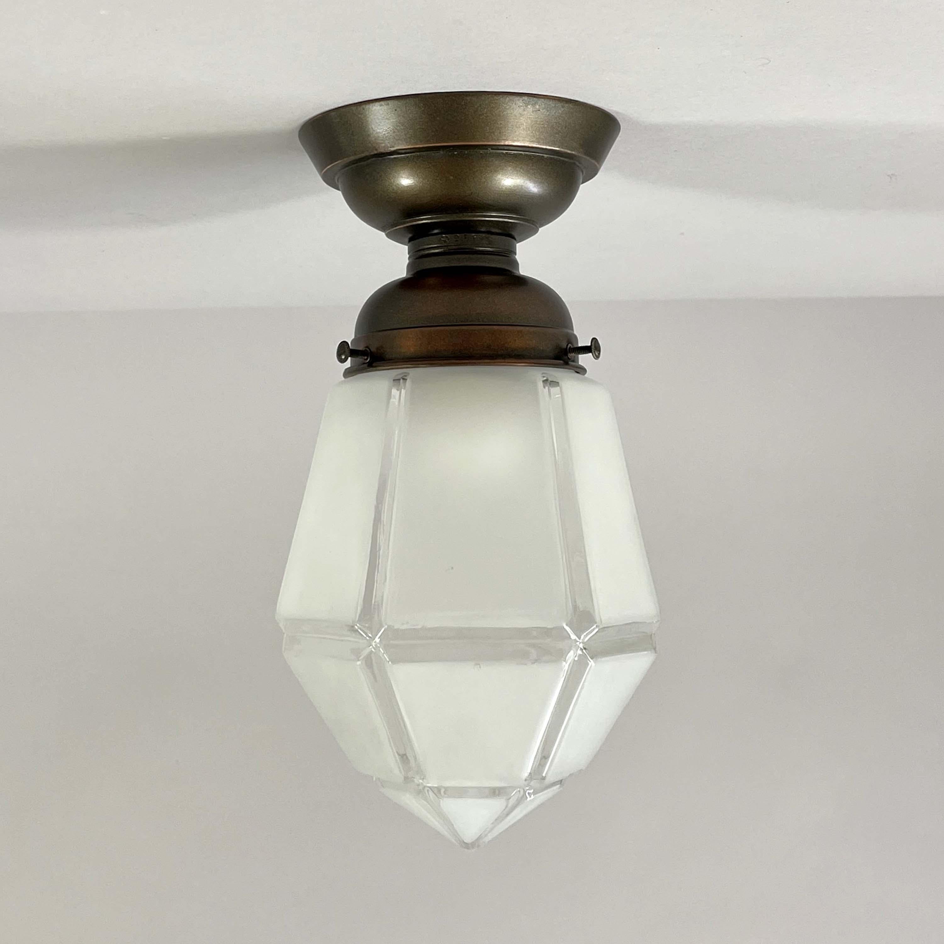 Art Deco Secessionist Frosted Glass & Burnished Copper Flush Mount, Austria 1920s For Sale