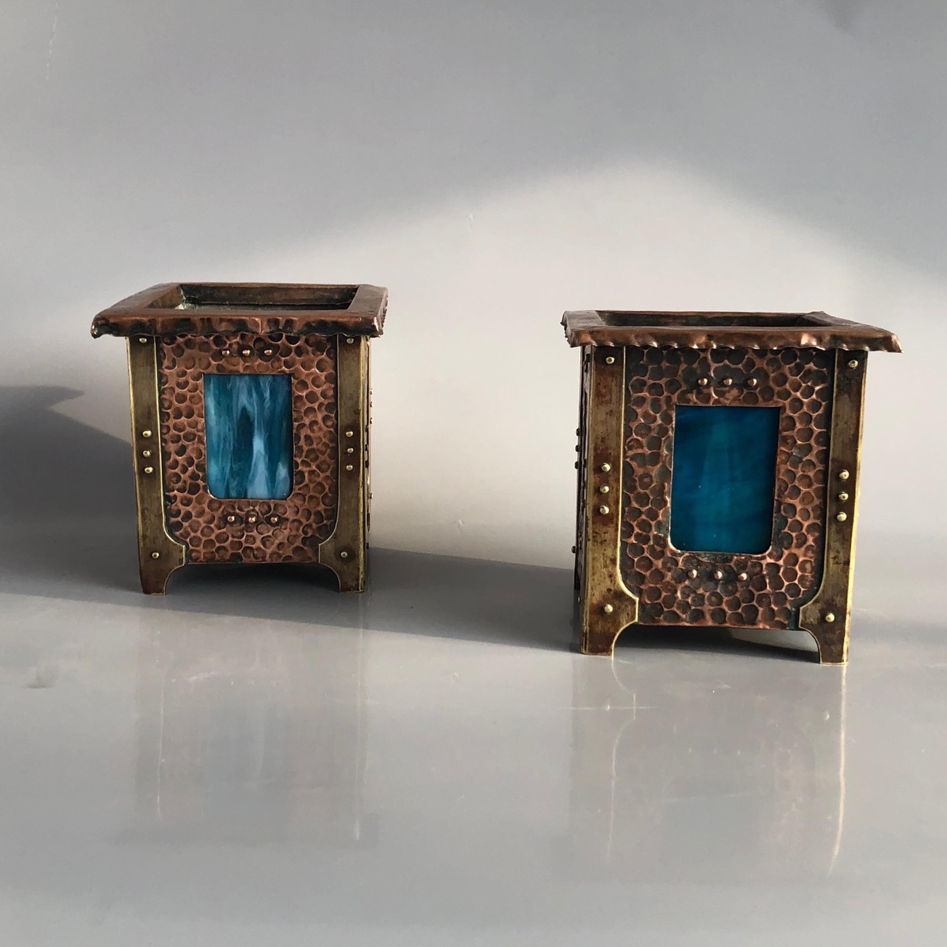 Vienna Secession Liberty Copper Planters Pair with Blue Tifany Glass, Vienna 1900 For Sale