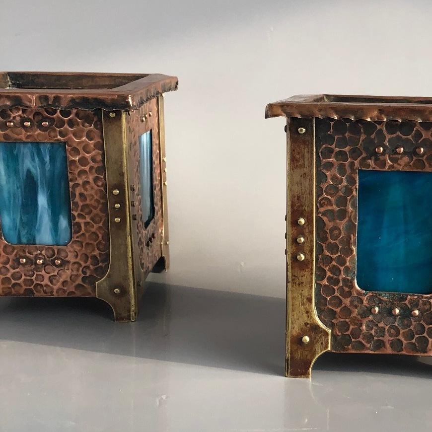 Hammered Liberty Copper Planters Pair with Blue Tifany Glass, Vienna 1900 For Sale