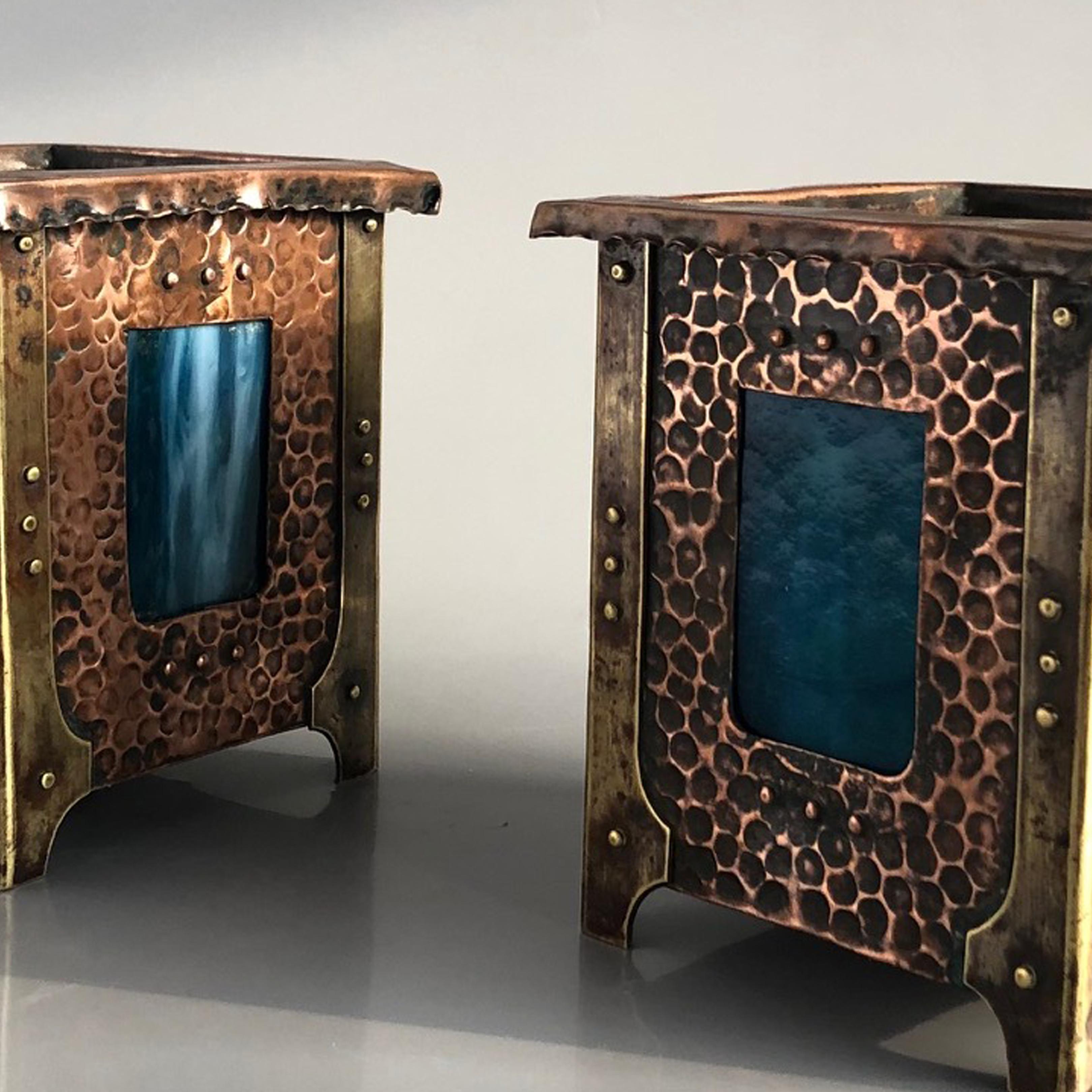 Early 20th Century Liberty Copper Planters Pair with Blue Tifany Glass, Vienna 1900 For Sale