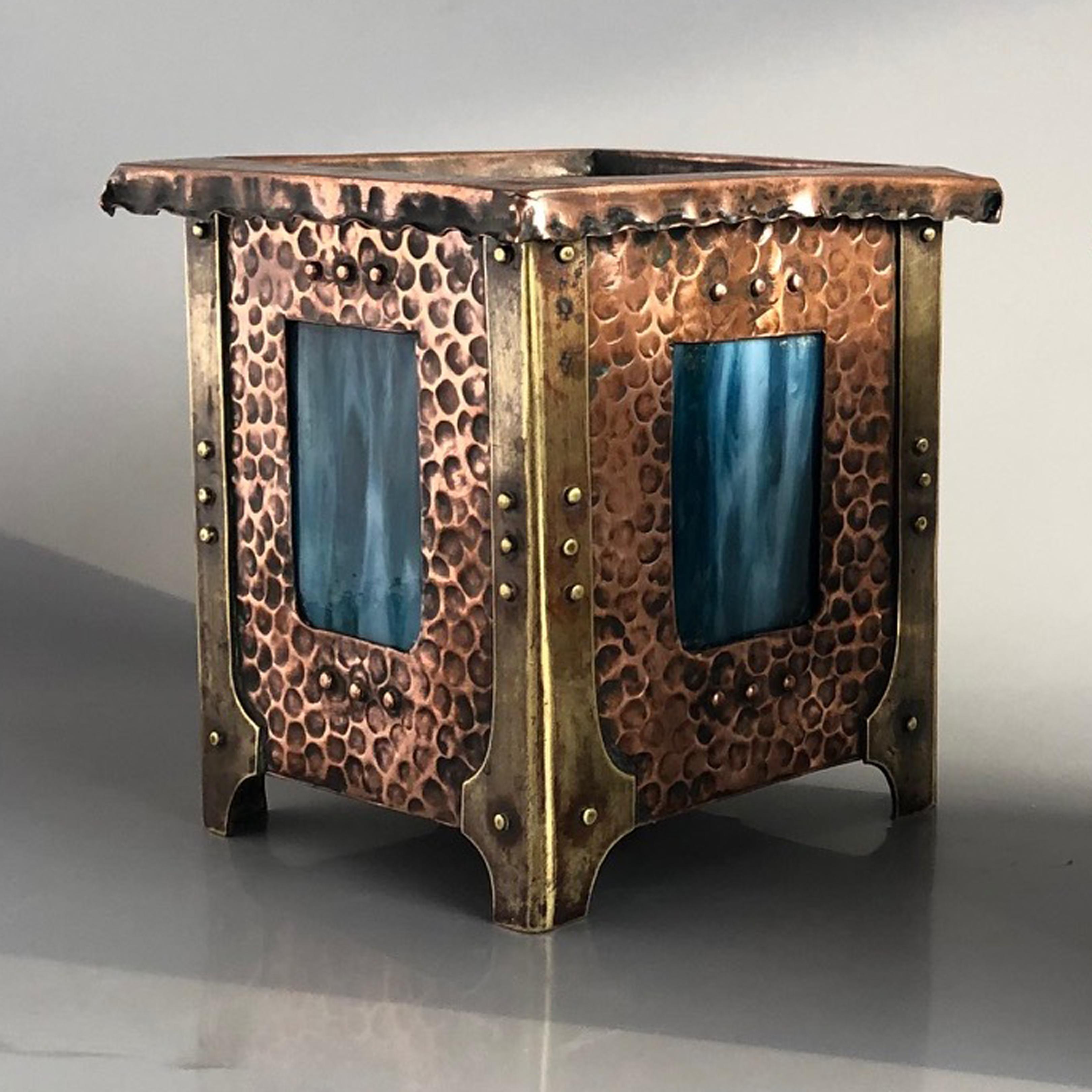 Liberty Copper Planters Pair with Blue Tifany Glass, Vienna 1900 For Sale 1