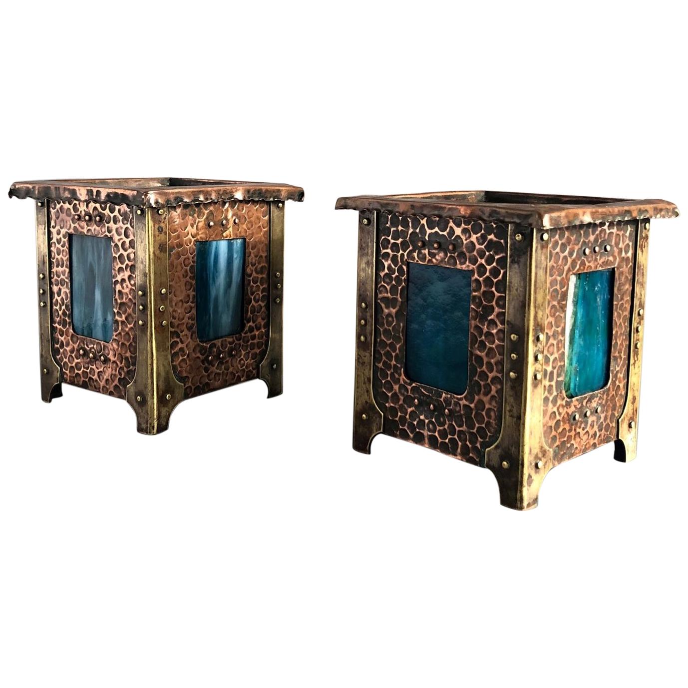 Liberty Copper Planters Pair with Blue Tifany Glass, Vienna 1900 For Sale