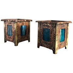 Antique Liberty Copper Planters Pair with Blue Tifany Glass, Vienna 1900