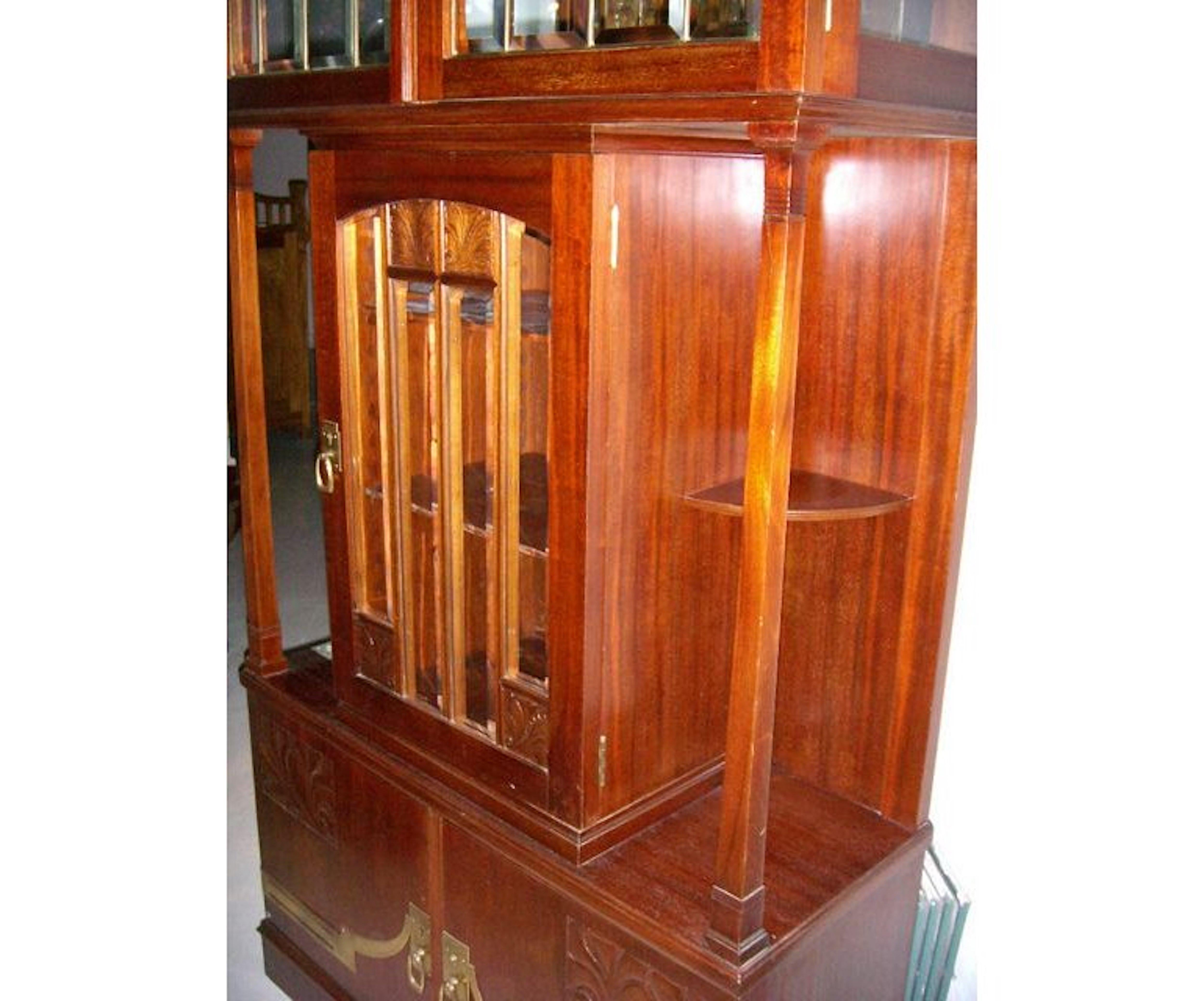 Vienna Secession Secessionist Mahogany Display Cabinet with Carved Decoration Beveled Glass Doors For Sale