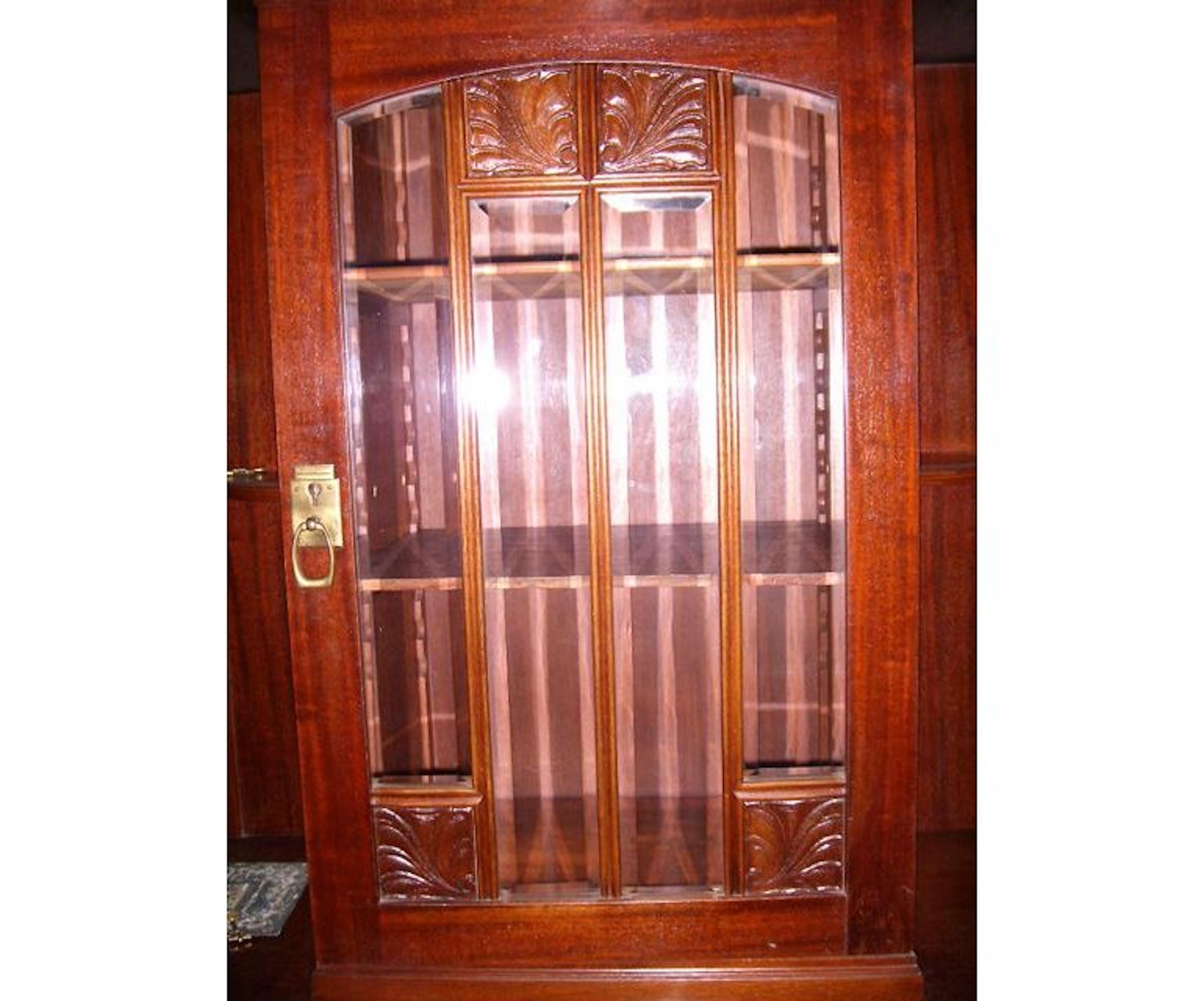 European Secessionist Mahogany Display Cabinet with Carved Decoration Beveled Glass Doors For Sale
