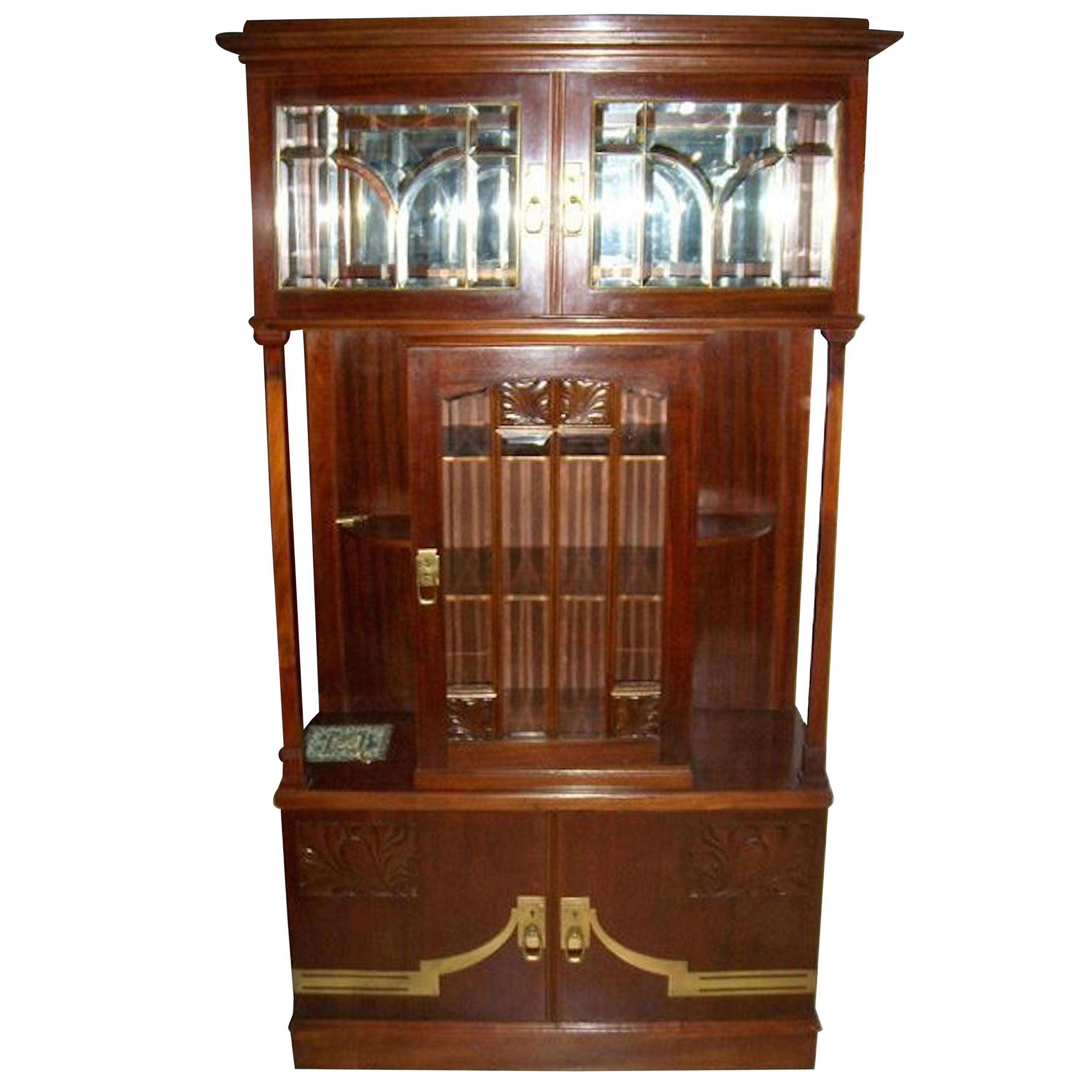 Secessionist Mahogany Display Cabinet with Carved Decoration Beveled Glass Doors