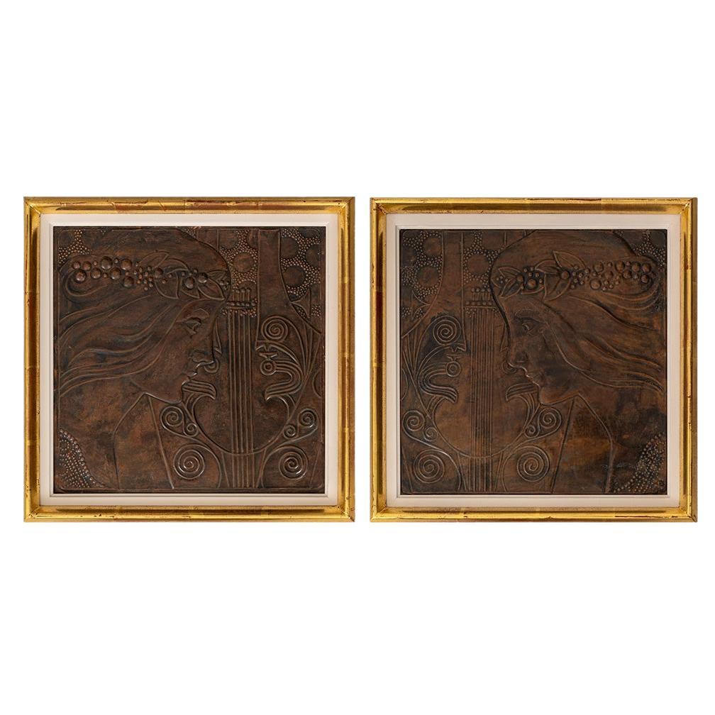 Secessionist Pair of Reliefs "Sappho" Georg Klimt ca. 1900 Patinated Copper For Sale
