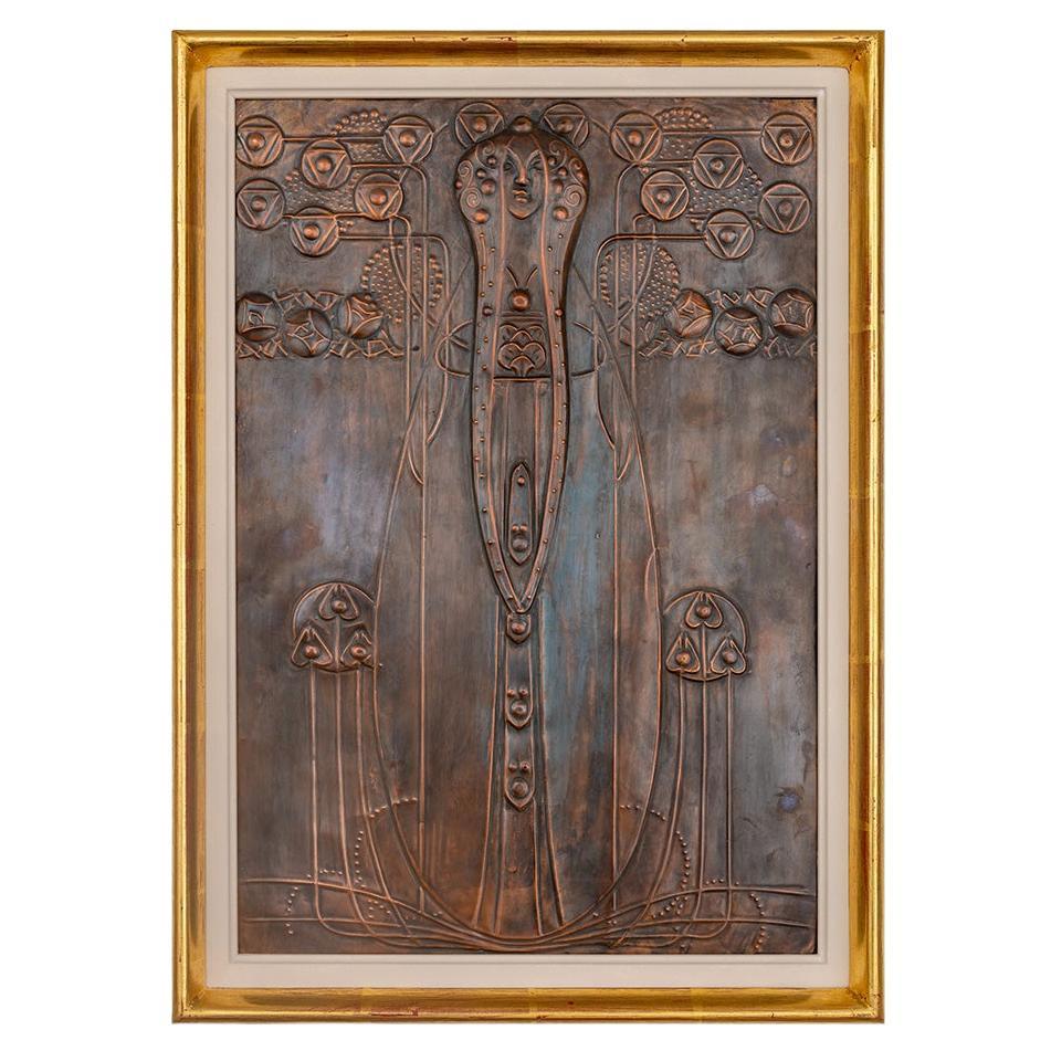 Secessionist panel "The source" Georg Klimt ca 1900 Patinated Copper Art Nouveau
